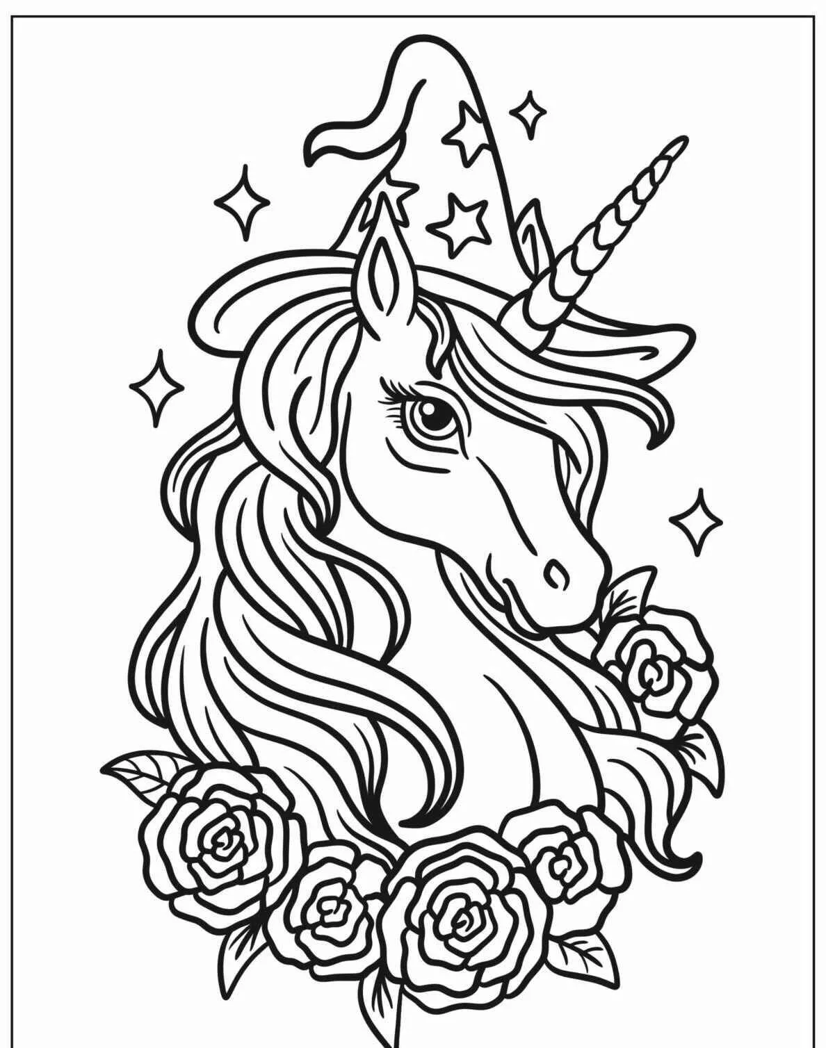 Desenho de Unicórnio Mágico com Chapéu de Feiticeiro para Colorir