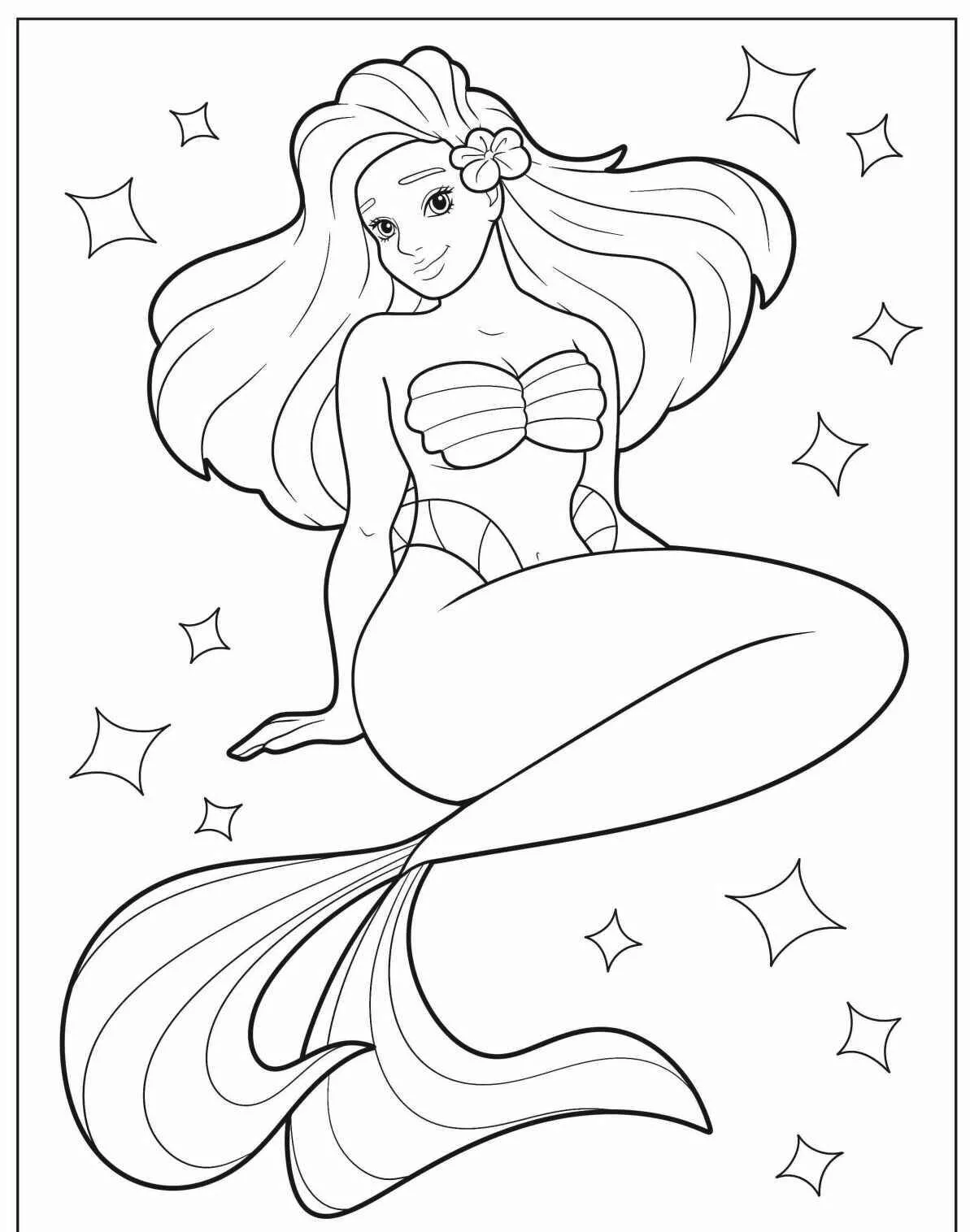 Desenho de Sereia Bonita com Estrelas para Colorir