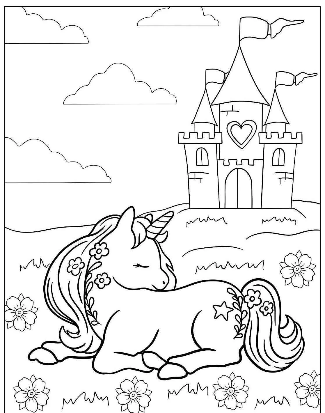 Desenho de Unicórnio Dormindo com Castelo ao Fundo para Colorir