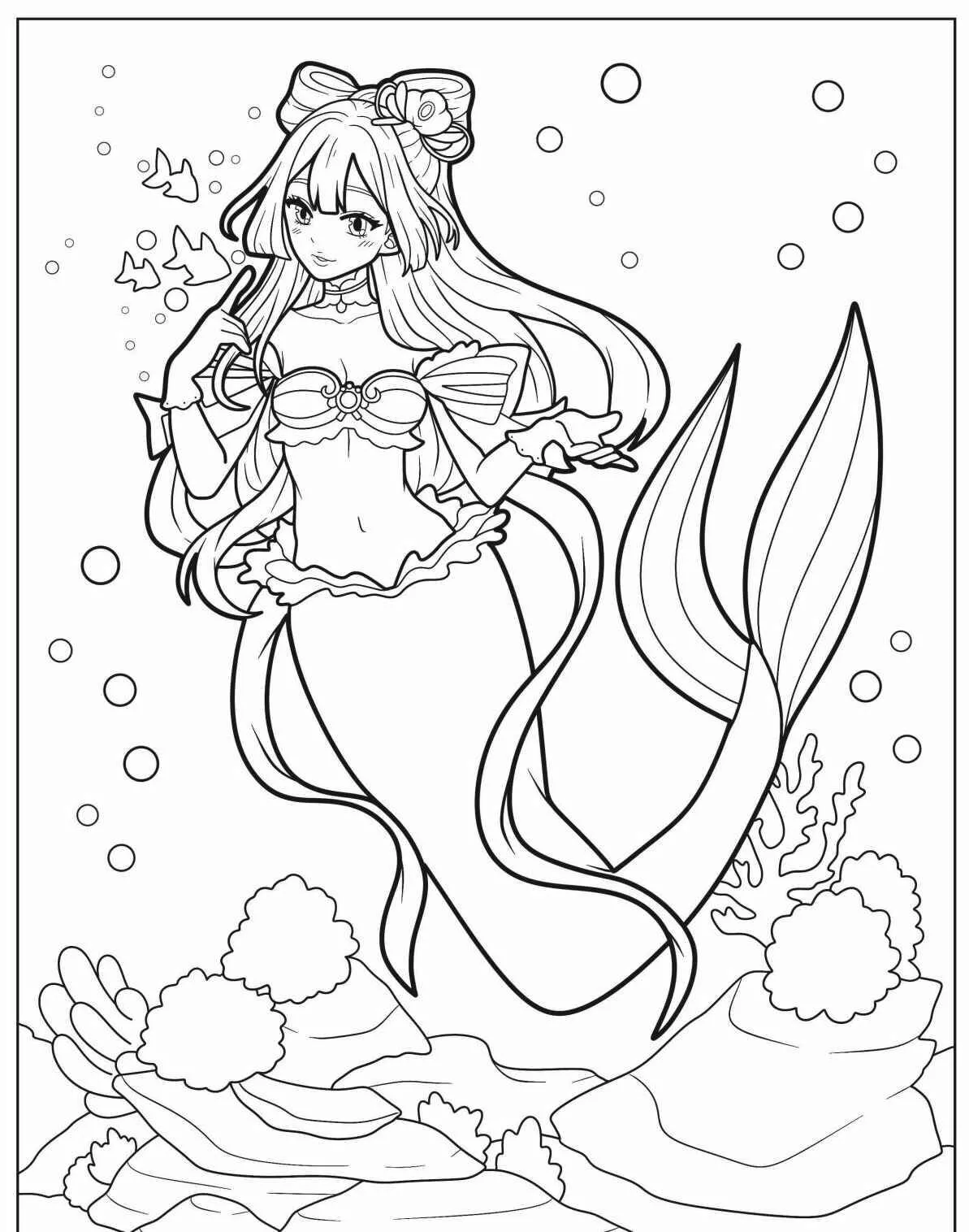 Desenho de Sereia com Cabelo Longo e Laço para Colorir