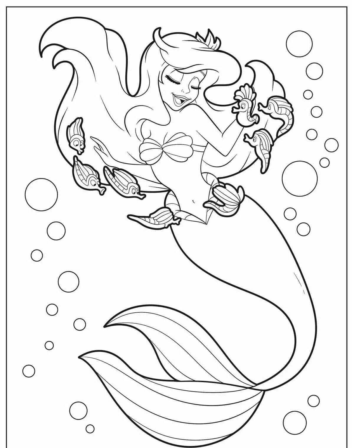 Desenho de Sereia Brincando com Peixinhos para Colorir