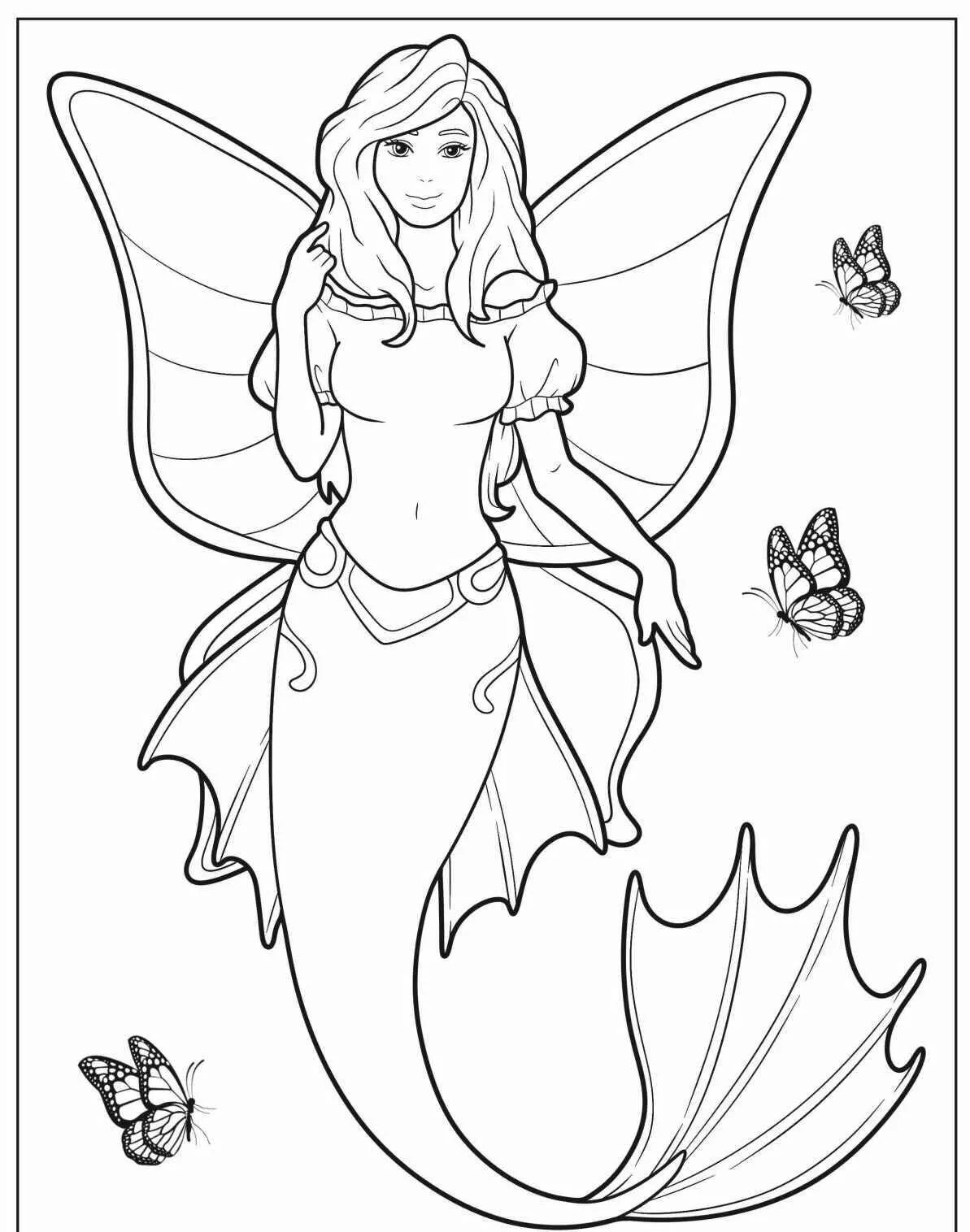 Desenho de Sereia com Asas de Borboleta para Colorir