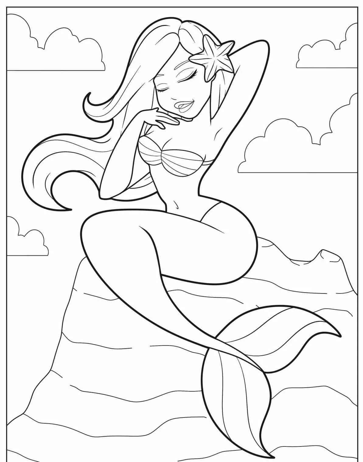 Desenho de Sereia Sentada em Rocha com Estrela do Mar para Colorir