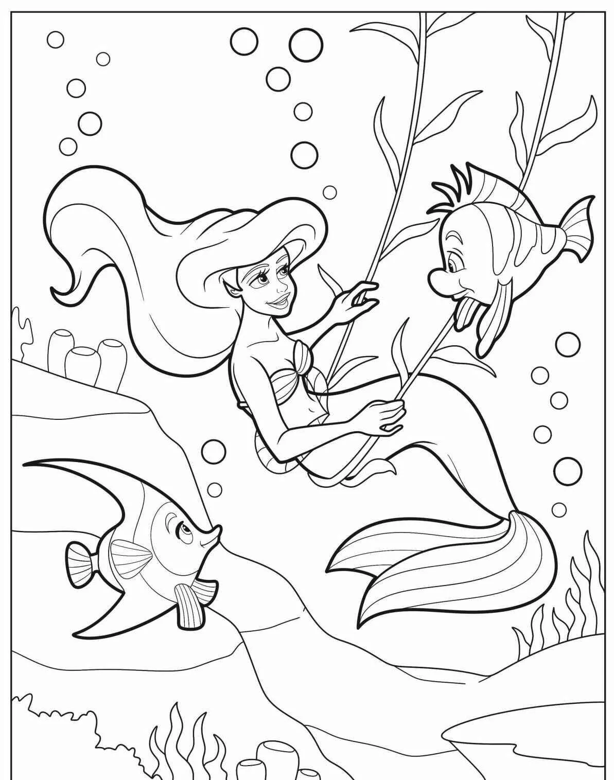 Desenho de Sereia Brincando com Peixes para Colorir