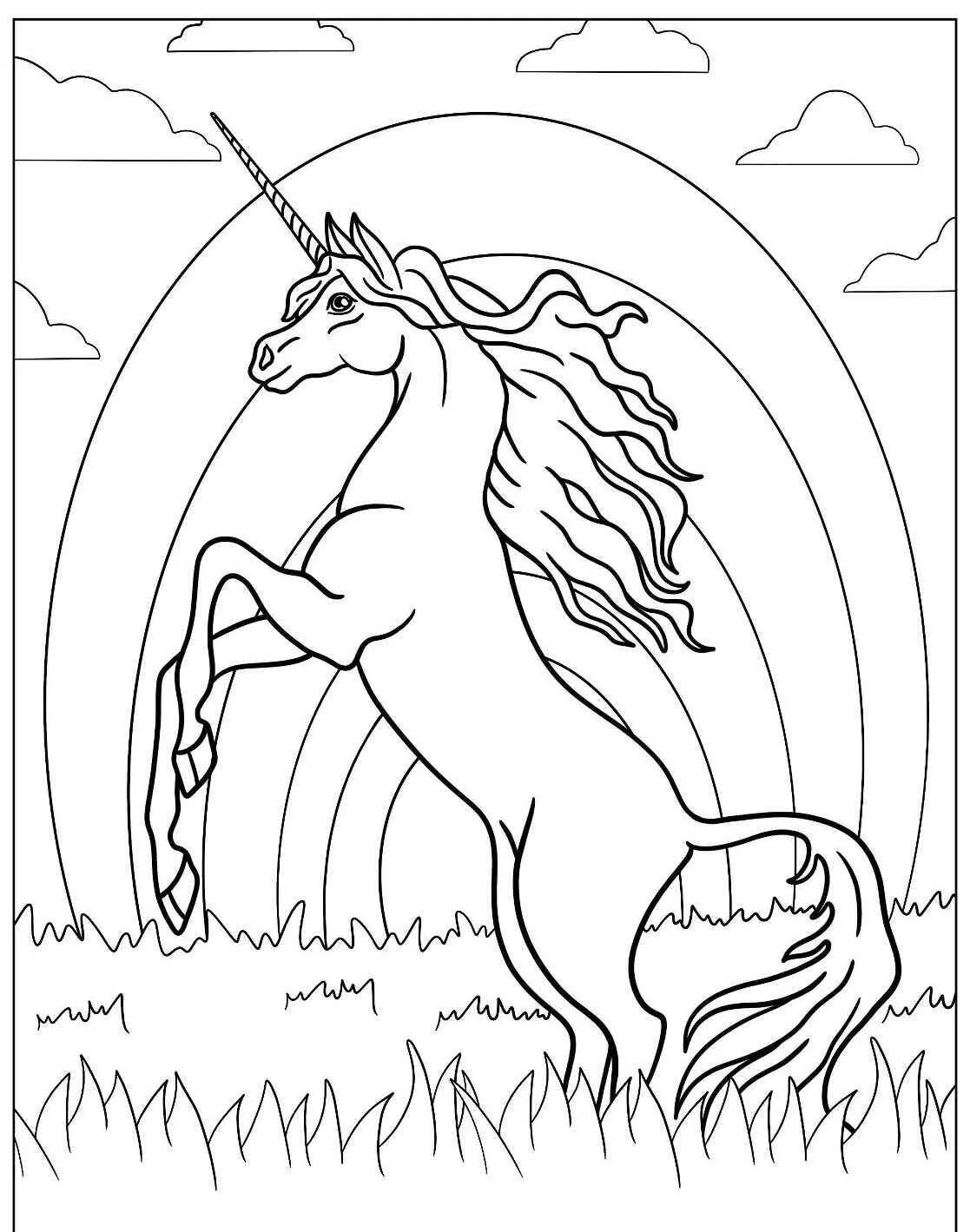 Desenho de Unicórnio em Pé com Arco Íris ao Fundo para Colorir