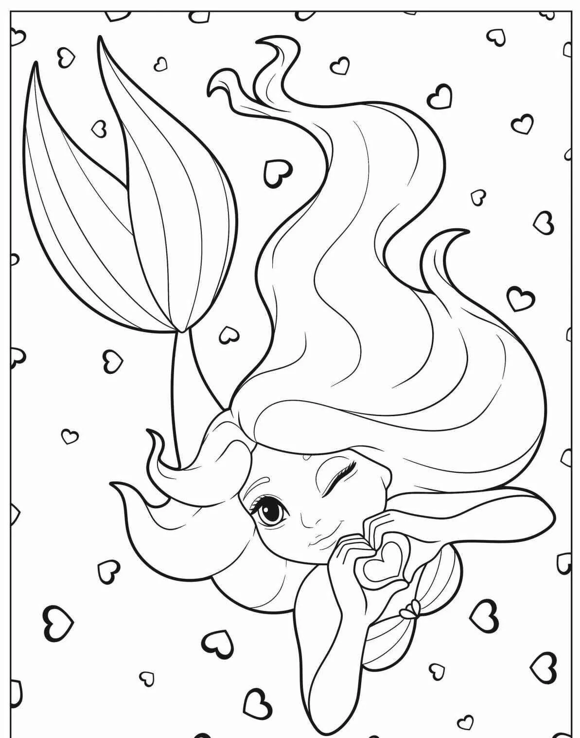Desenho de Sereia Fazendo Coração entre Corações para Colorir