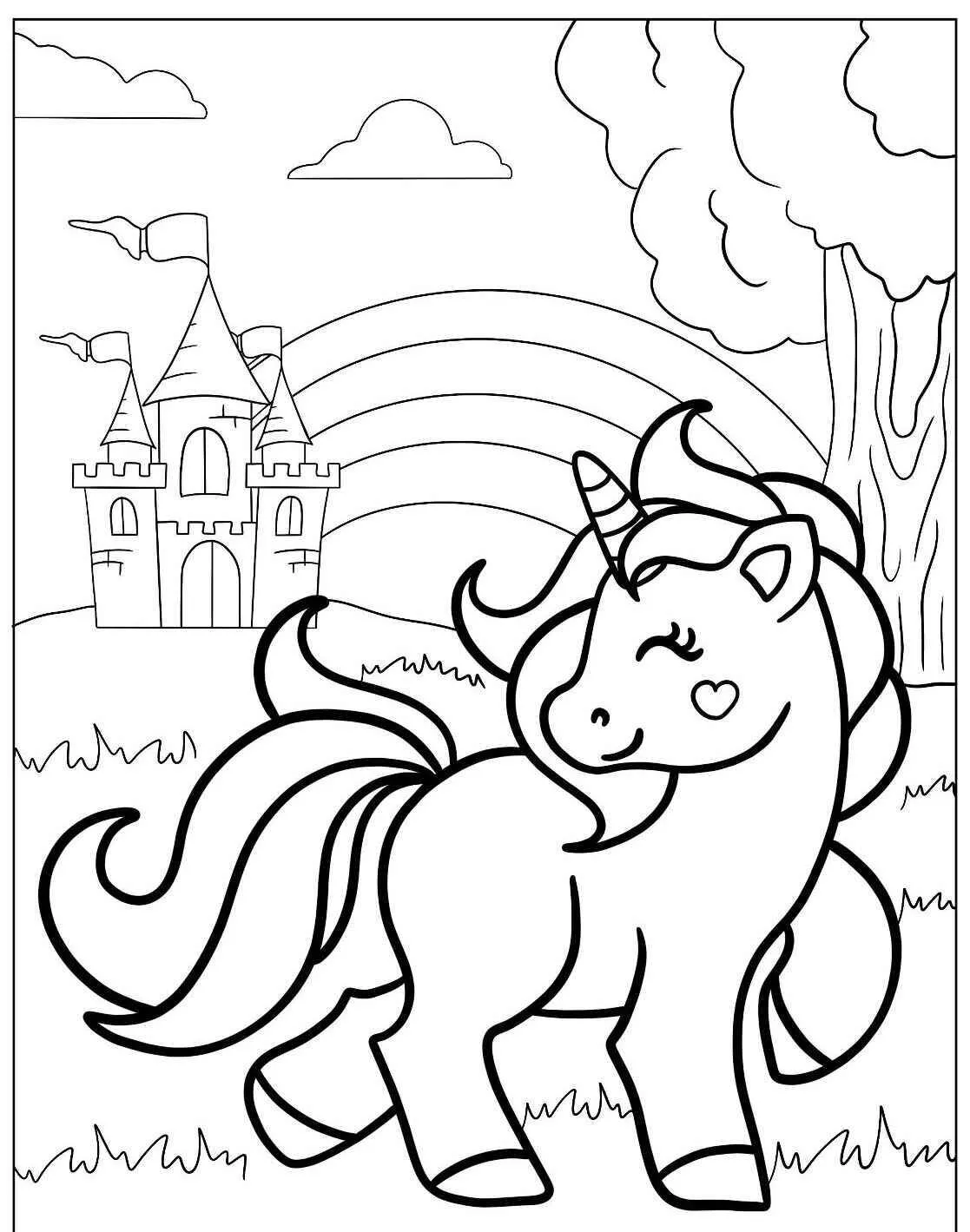 Página para colorear de unicornio feliz con castillo y arcoíris