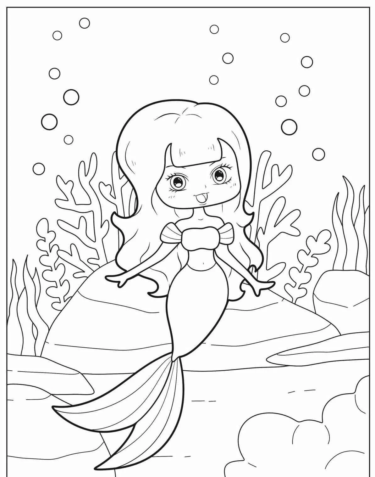 Desenho de Sereia Fofa com Fundo Marinho para Colorir