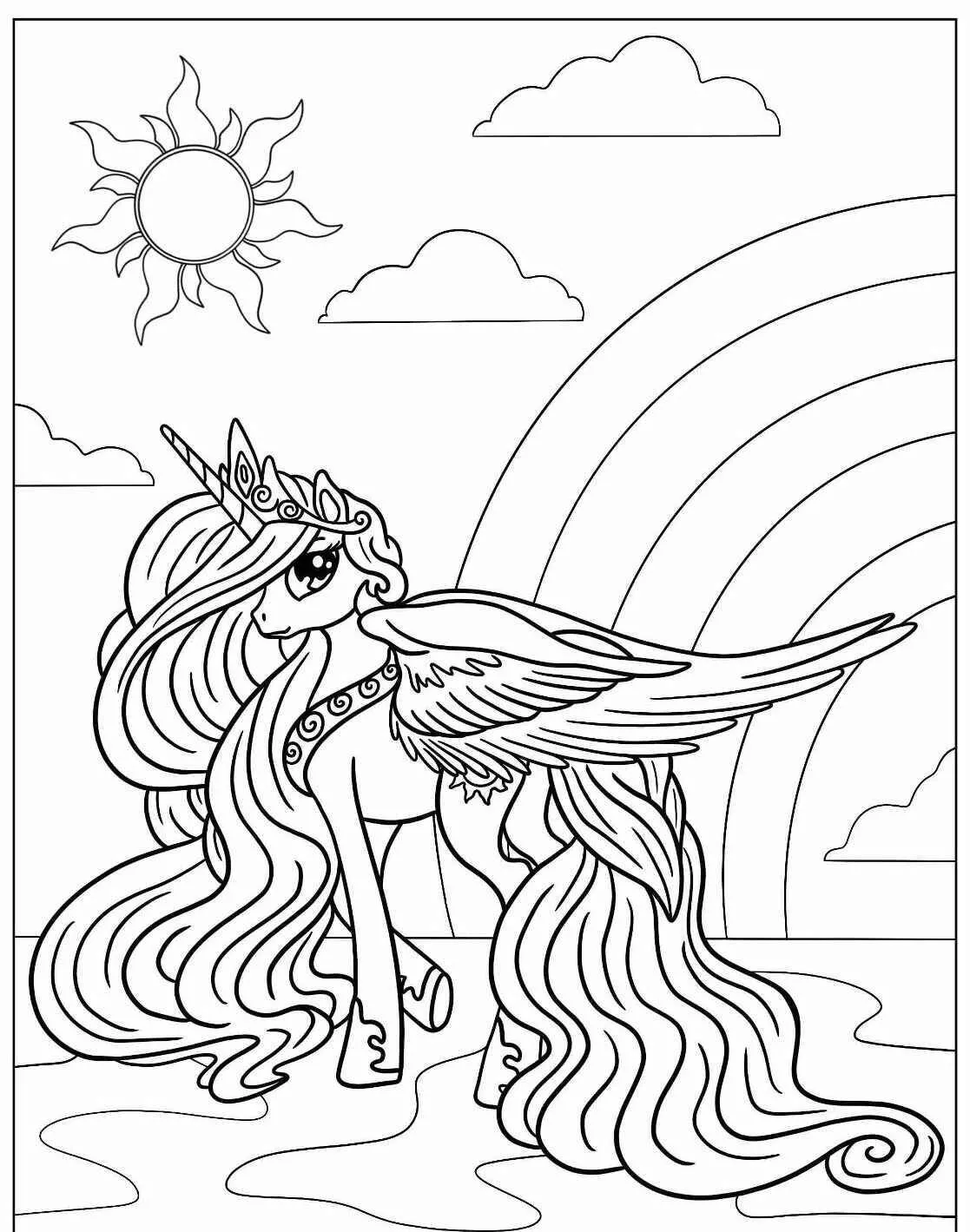 Desenho de Unicórnio com Asas e Arco Íris para Colorir