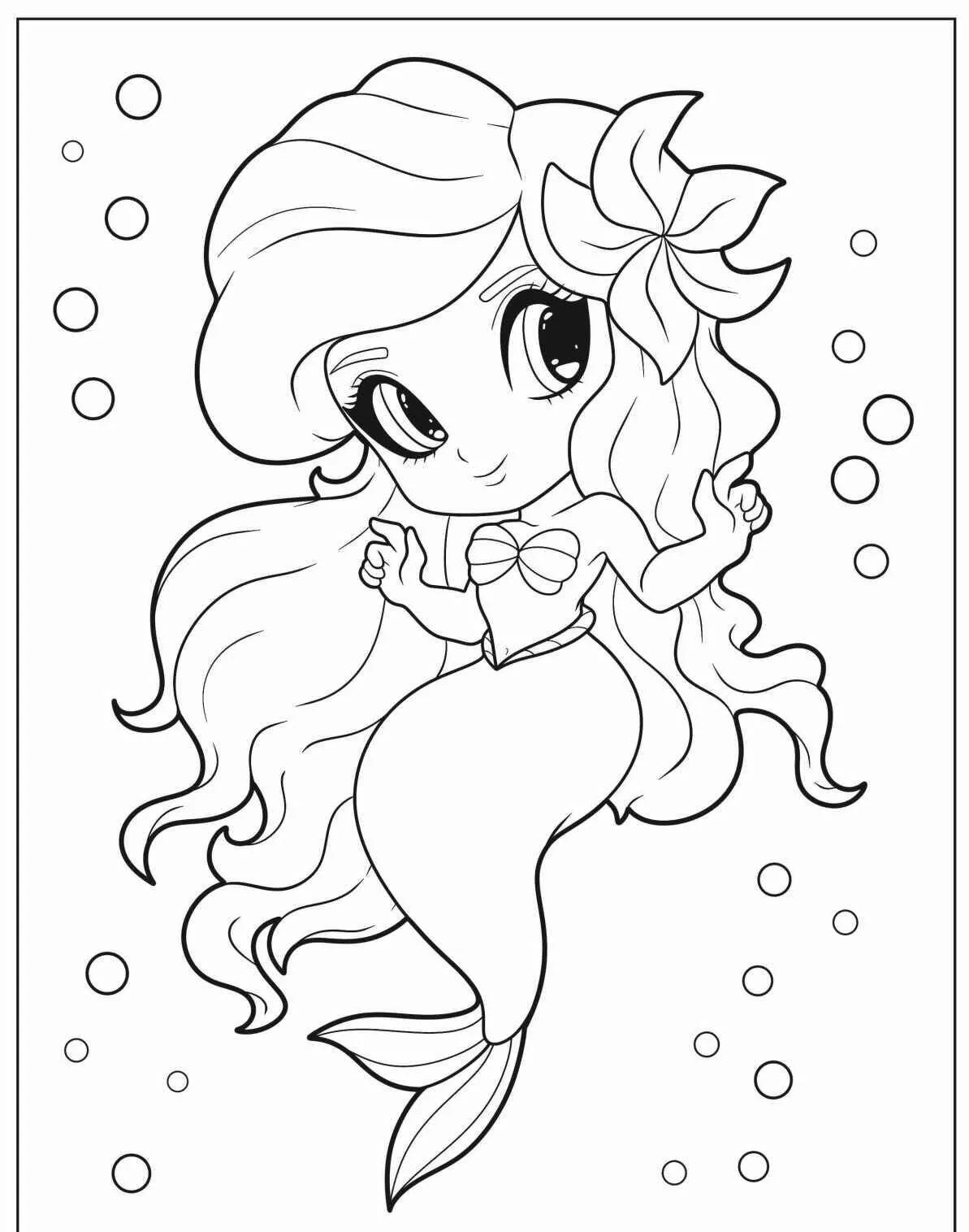Desenho de Sereia Fofa com Cabelo Longo para Colorir
