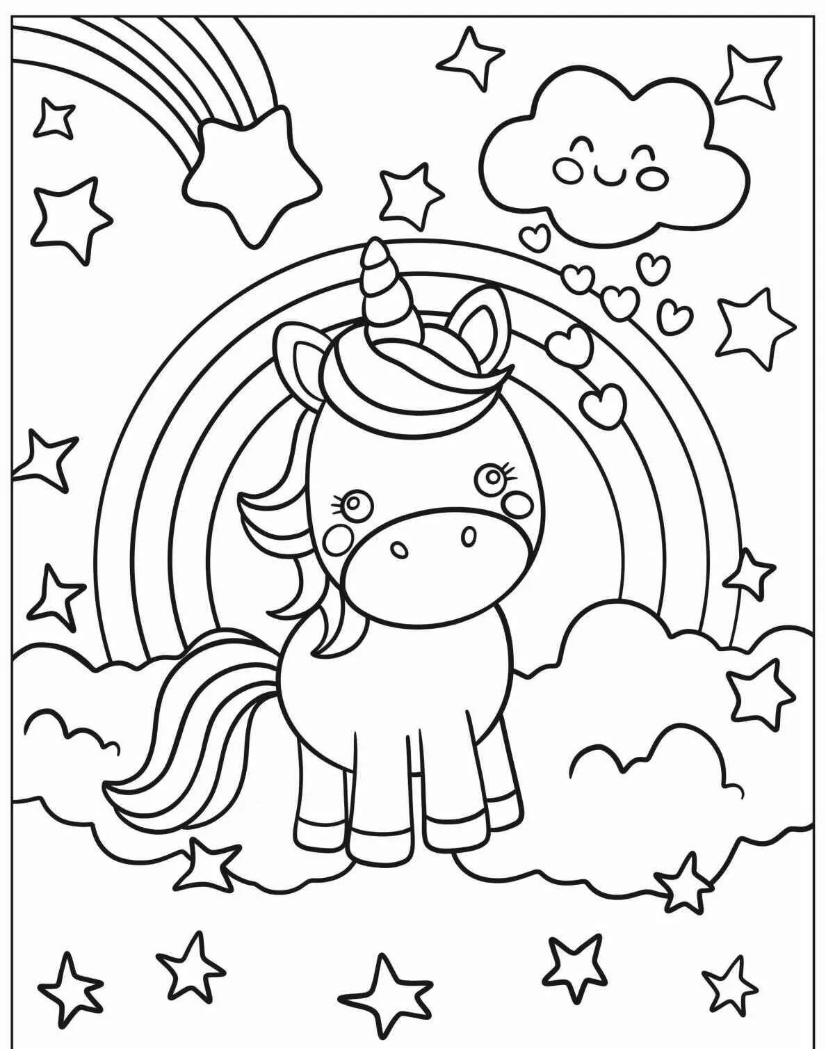 Desenho de Unicórnio Kawaii com Arco Íris e Estrelas para Colorir