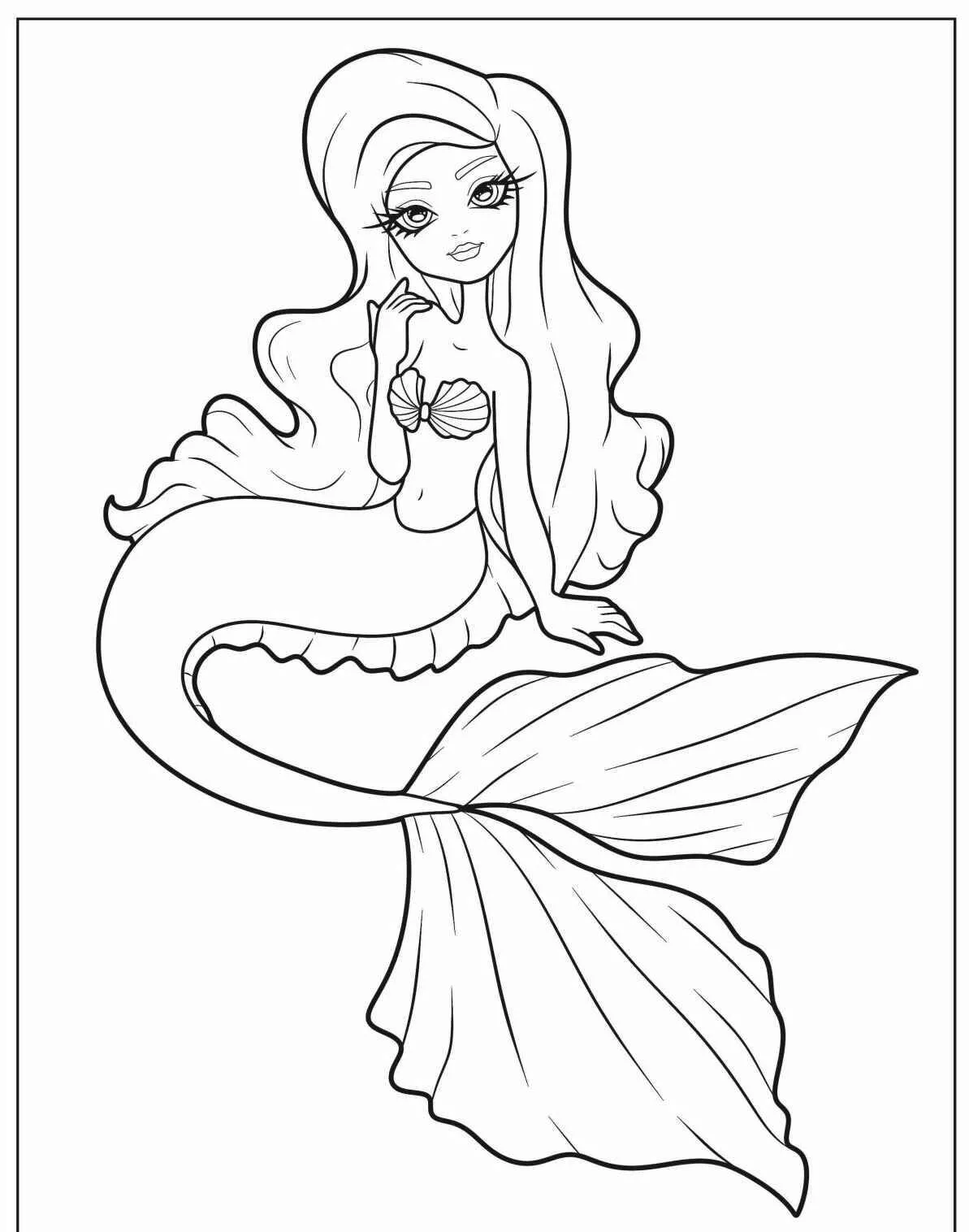 Desenho de Sereia com Cabelo Longo e Conchas para Colorir