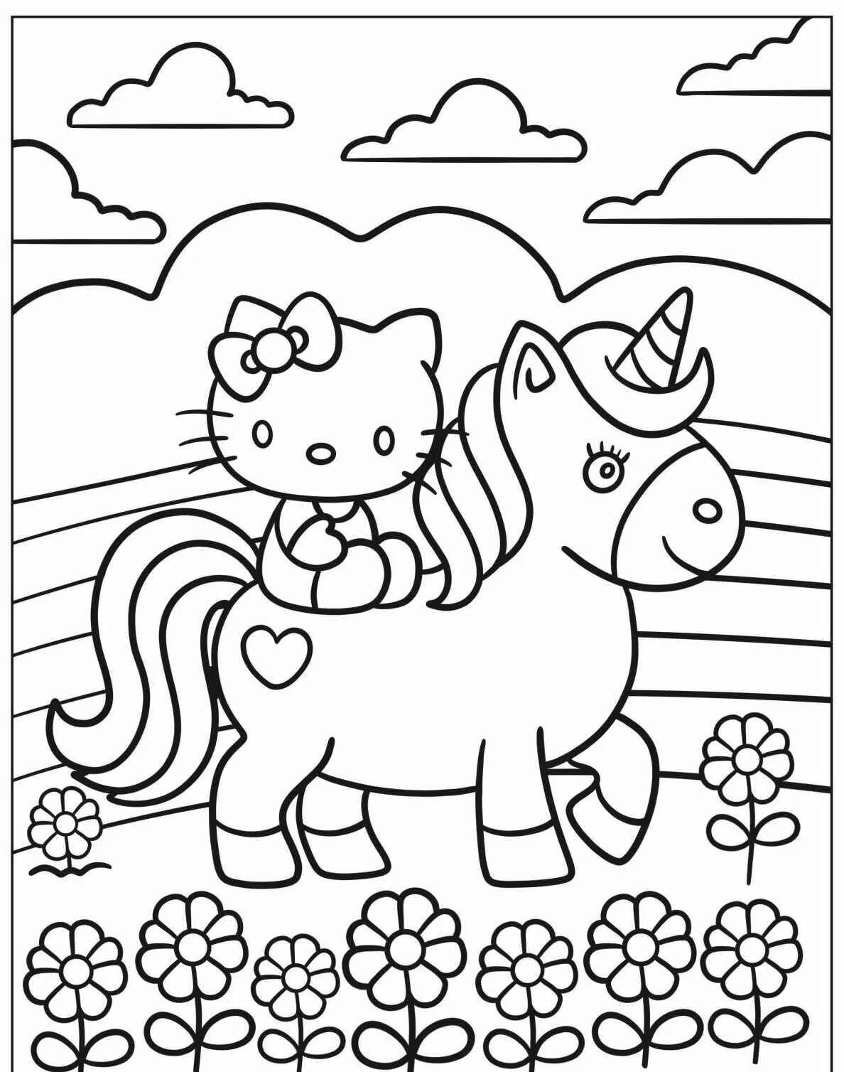 Desenho de Unicórnio com Hello Kitty para Colorir