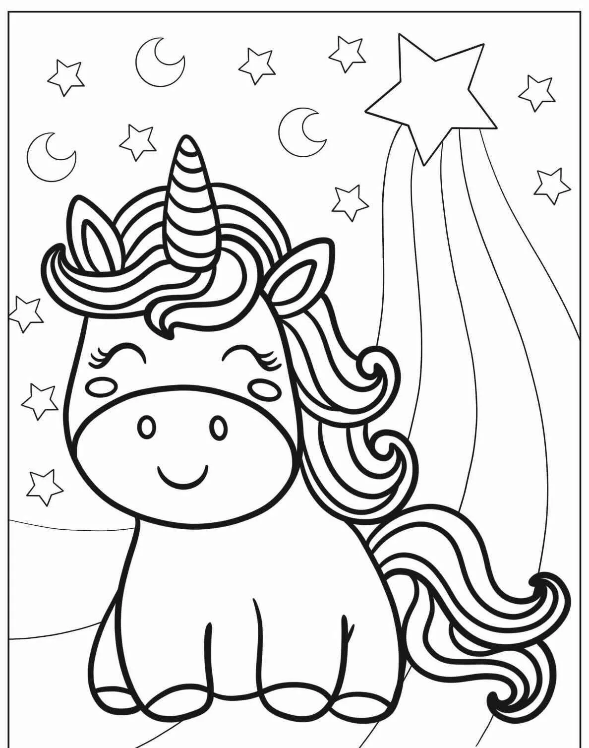 Desenho de Unicórnio Fofo com Estrelas para Colorir
