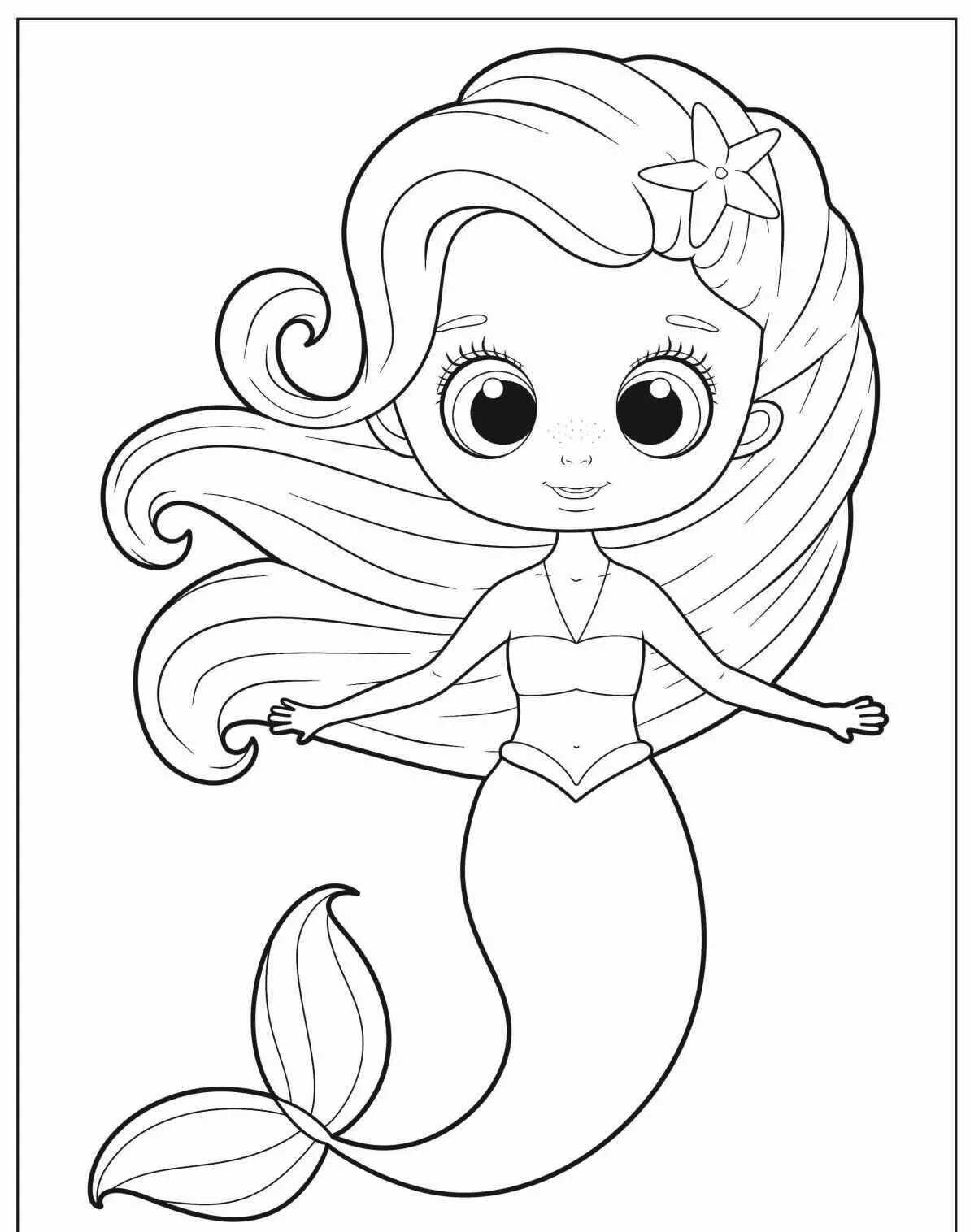 Desenho de Sereia Fofa com Cabelo Longo para Colorir