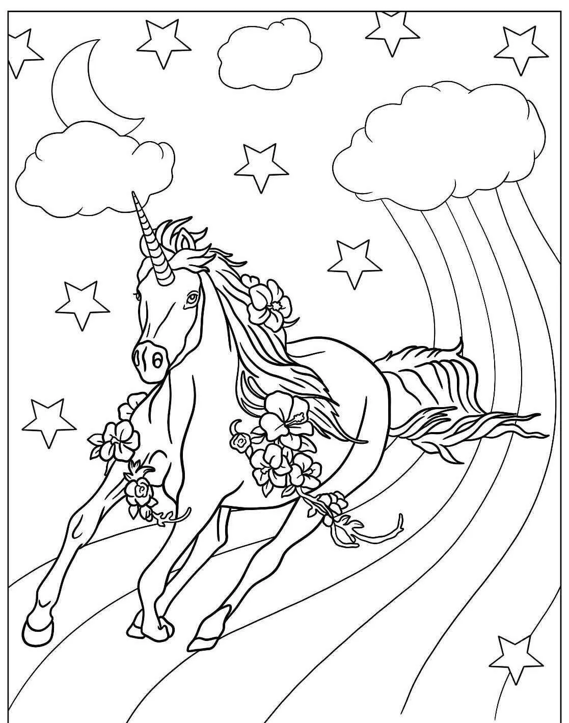Desenho de Unicórnio com Flores e Estrelas para Colorir