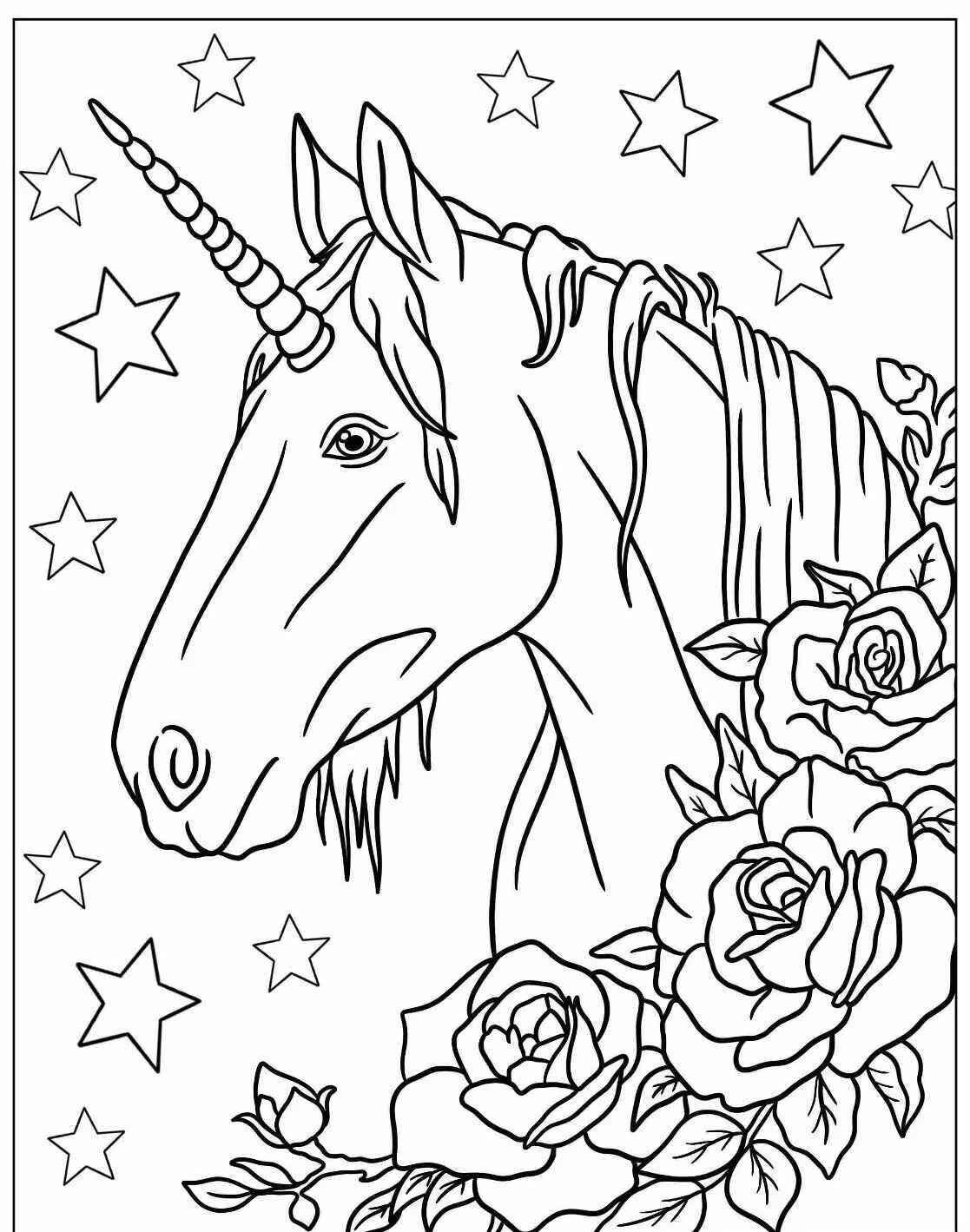 Coloriage Licorne avec des fleurs et des étoiles