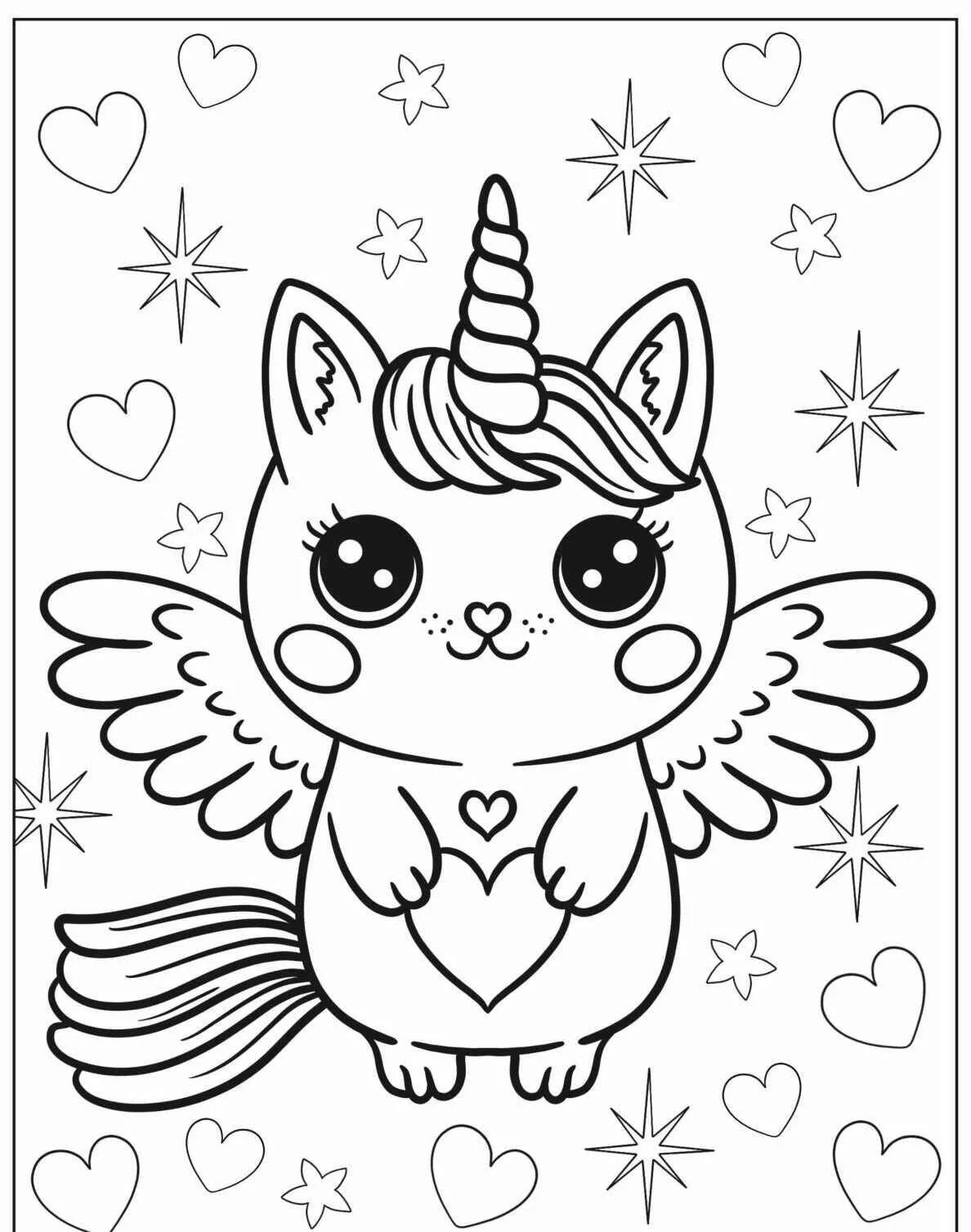 Desenho de Unicórnio Kawaii com Asas e Coração para Colorir
