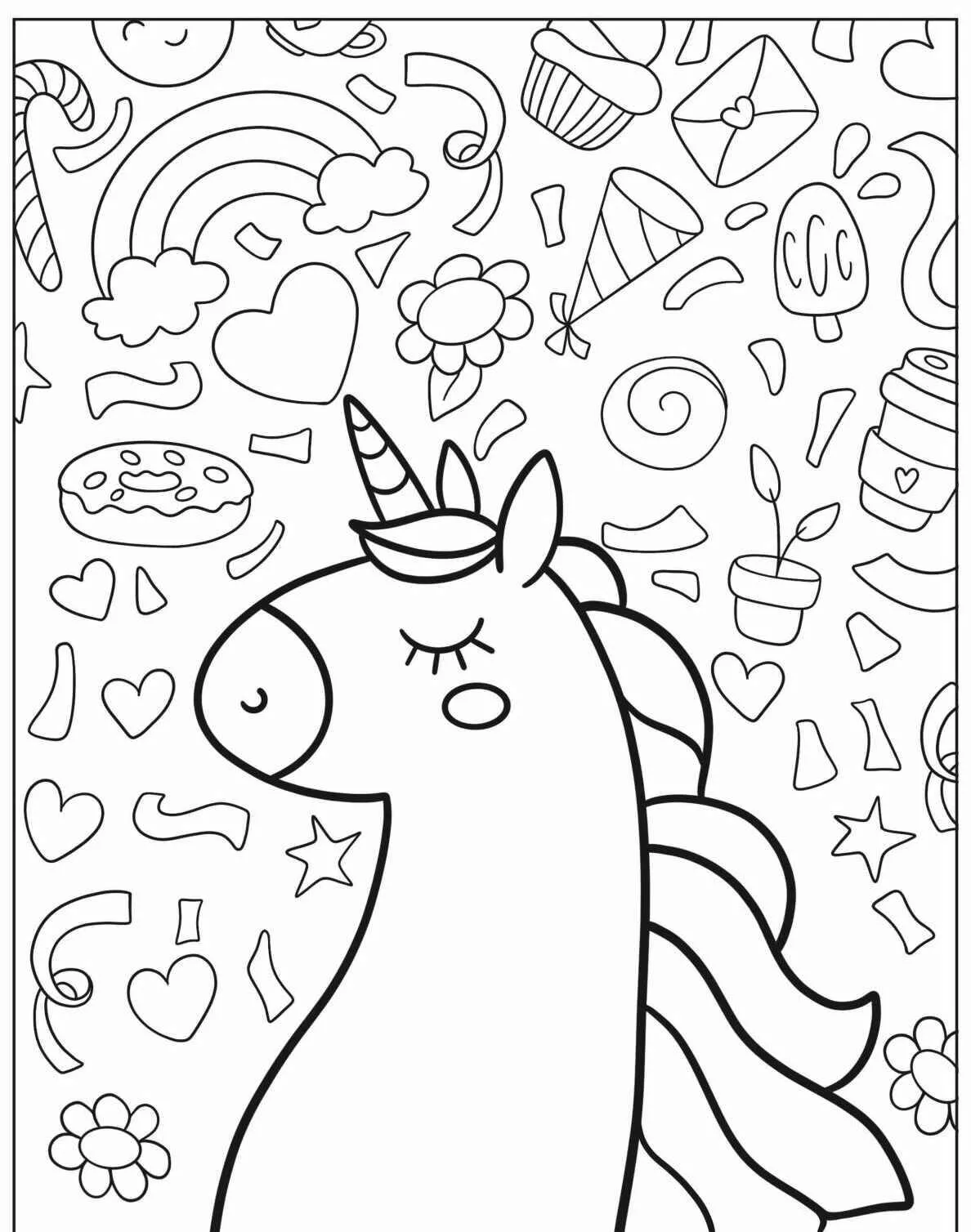 Desenho de Unicórnio com Elementos Divertidos para Colorir