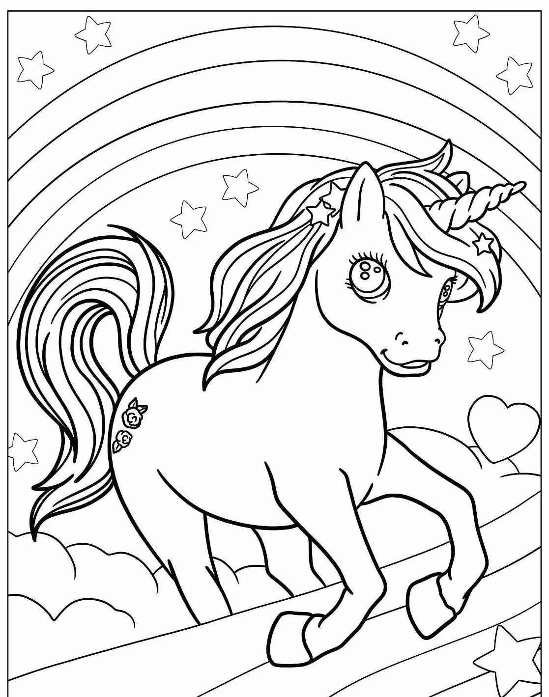 Desenho de Unicórnio Correndo com Arco Íris e Estrelas para Colorir