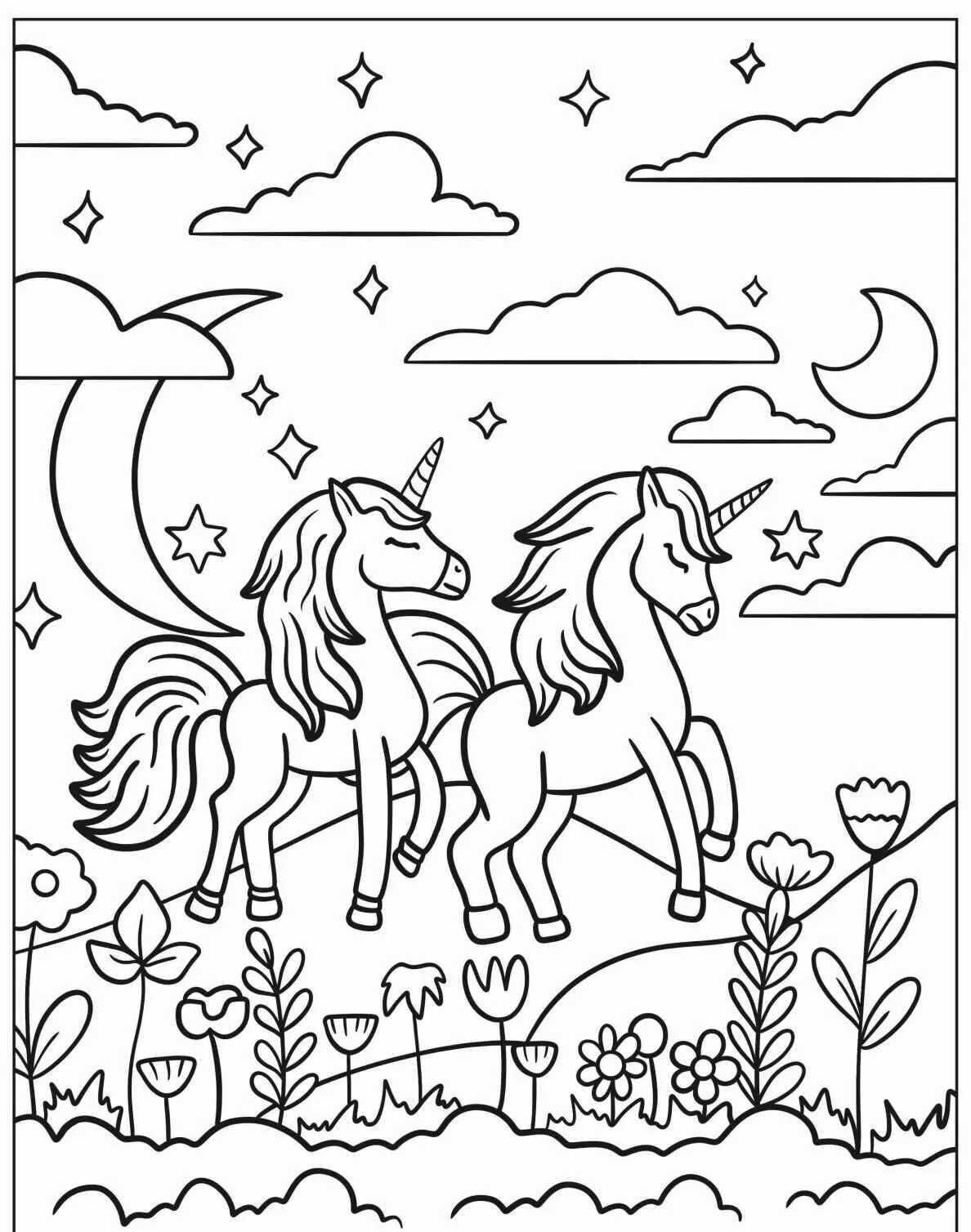 Desenho de Unicórnios Mágicos em um Campo Florido para Colorir