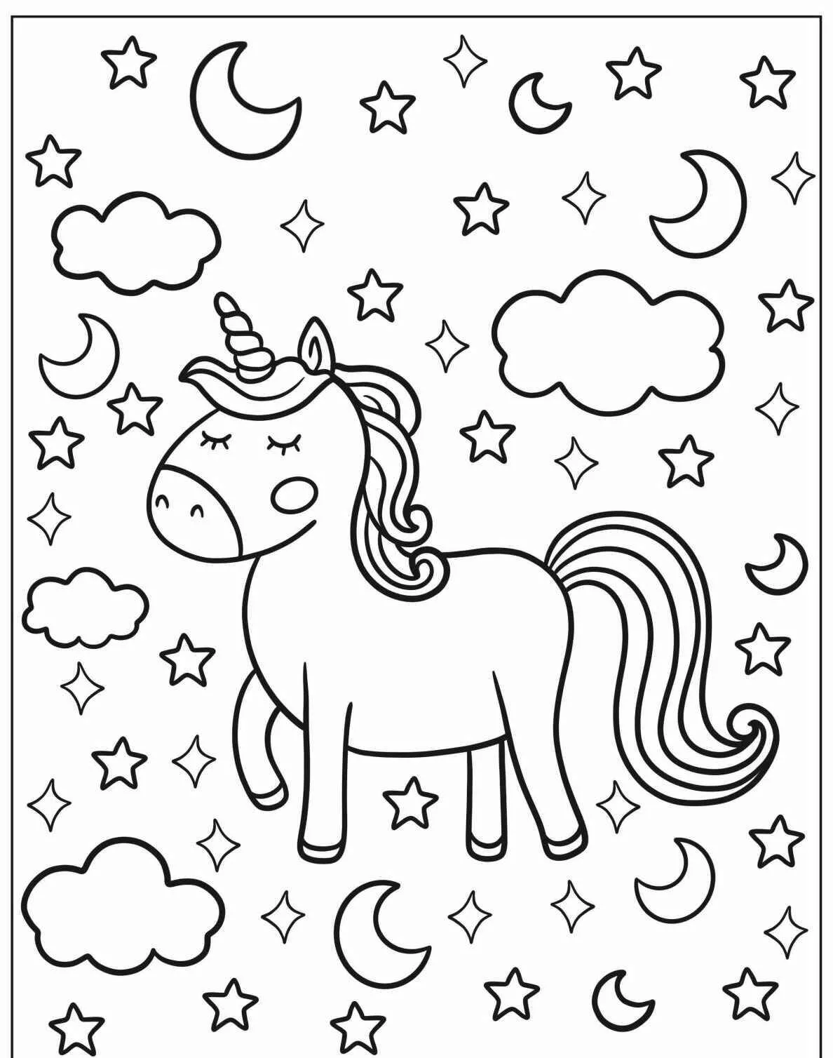 Desenho de Unicórnio Sonhador com Nuvens e Estrelas para Colorir