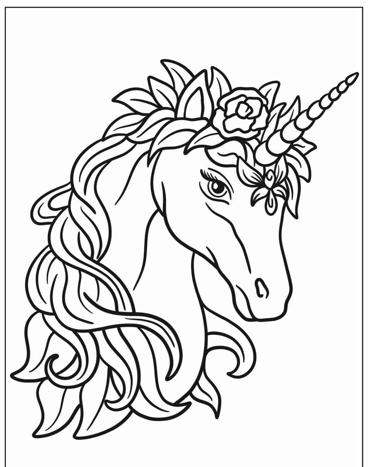 Desenho de Unicórnio com Crina de Flores para Colorir