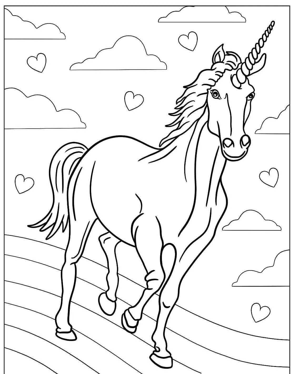 Desenho de Unicórnio Caminhando com Corações para Colorir