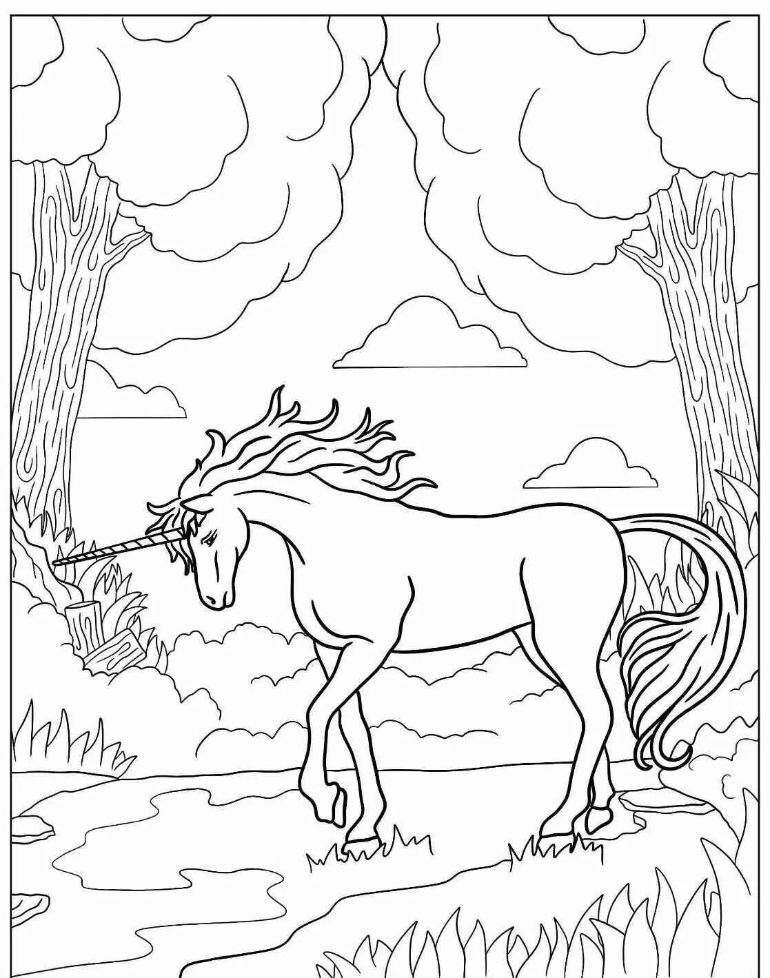Desenho de Unicórnio Mágico Caminhando na Floresta para Colorir