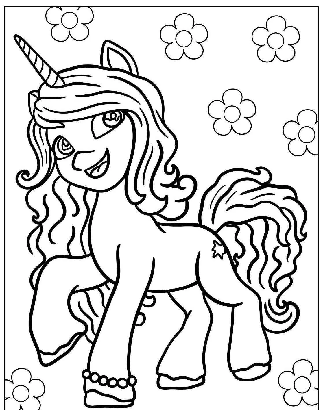 Desenho de Unicórnio Fofo com Flores para Colorir