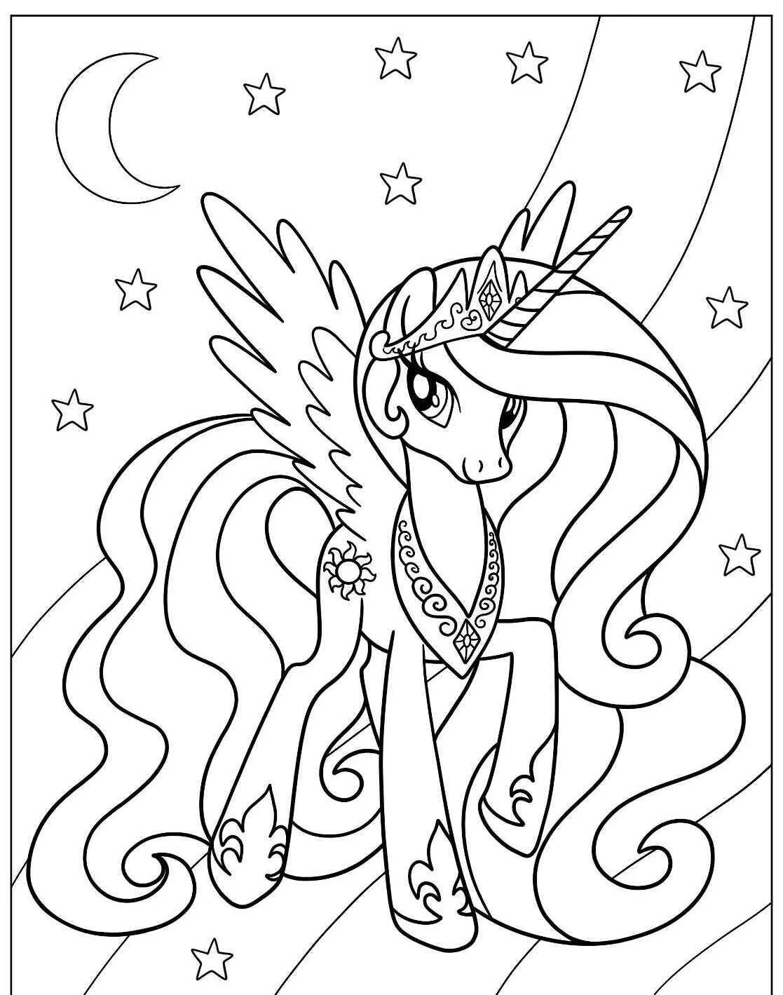 Desenho de Unicórnio com Asas e Estrelas para Colorir