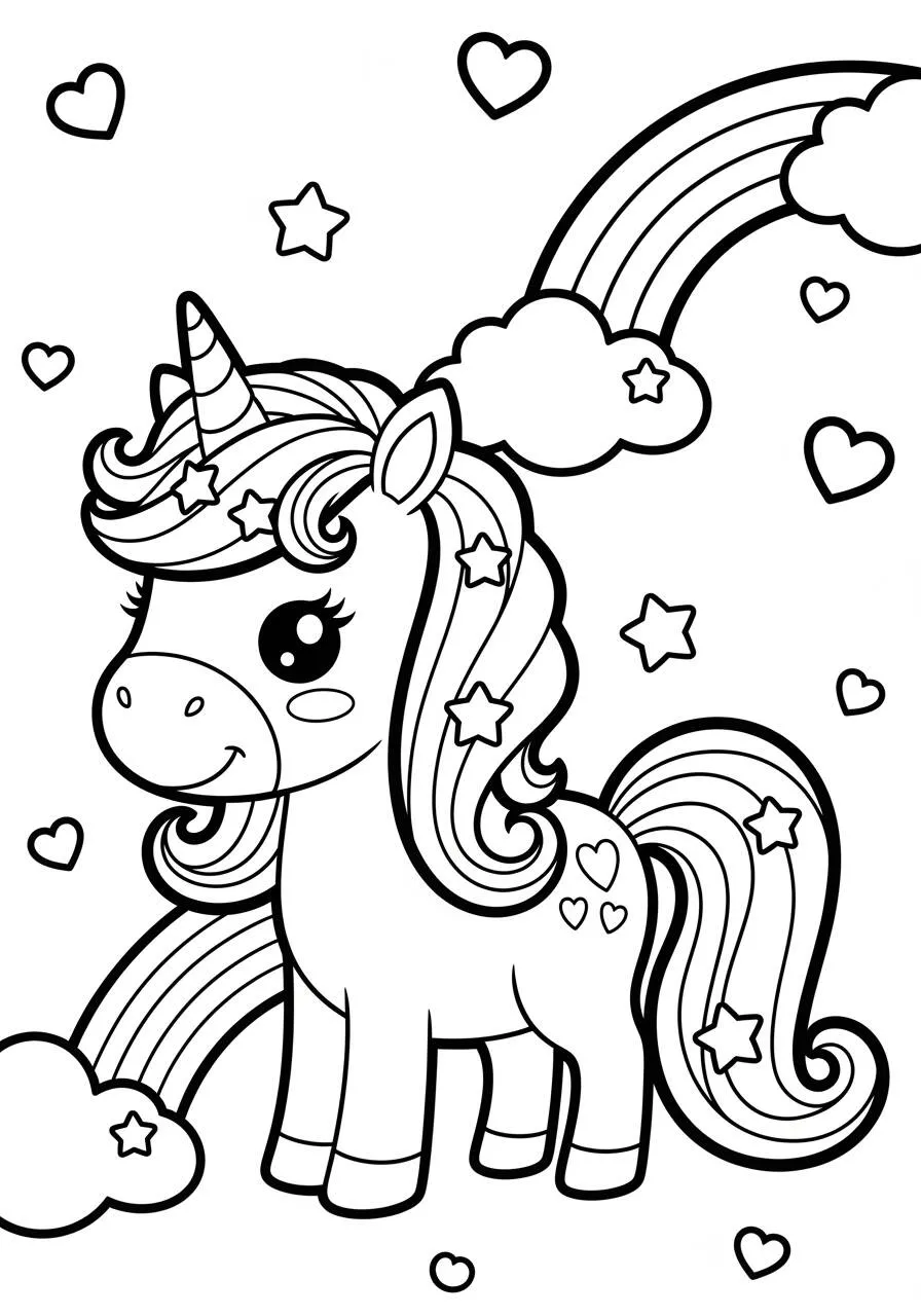 Desenho de Unicórnio Kawaii com Arco Íris e Estrelas para Colorir