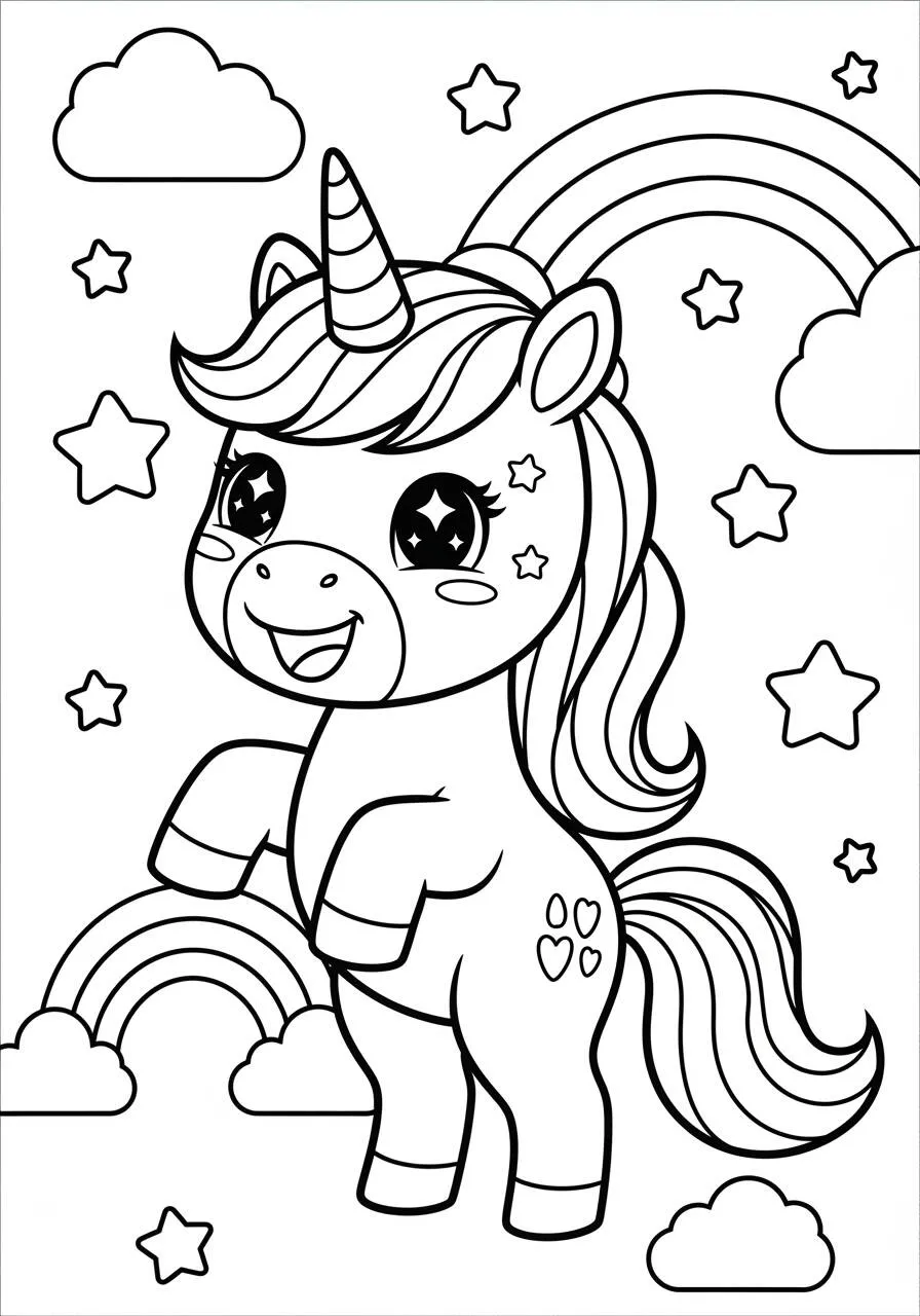 Desenho de Unicórnio Kawaii com Estrelas e Arco Íris para Colorir
