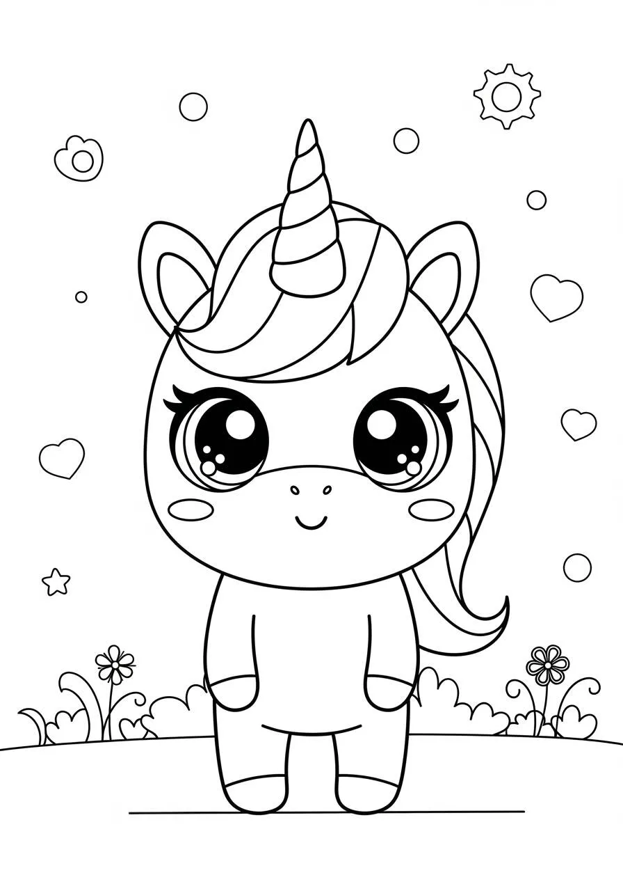 Desenho de Unicórnio Kawaii com Olhos Grandes para Colorir