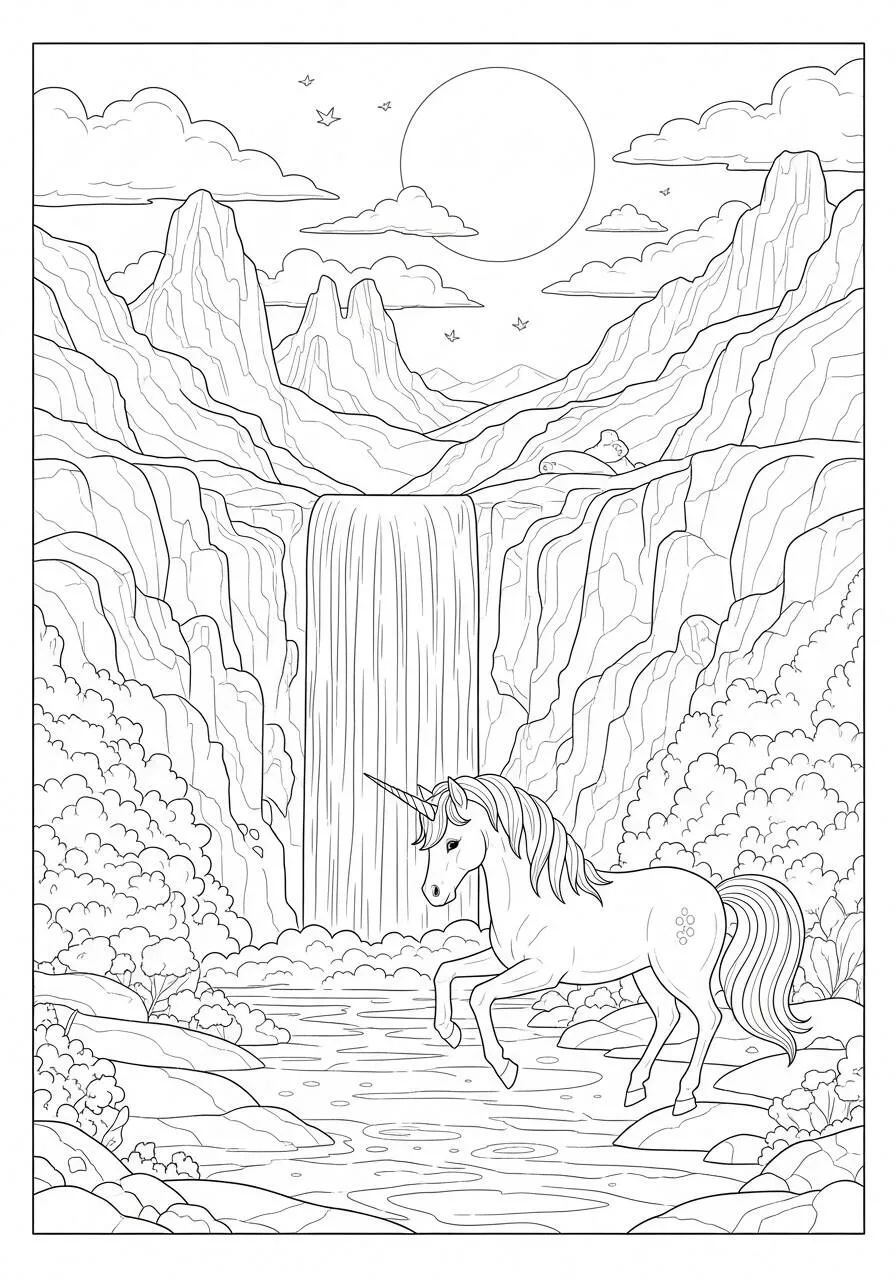 Desenho de Unicórnio em Paisagem de Cachoeira para Colorir