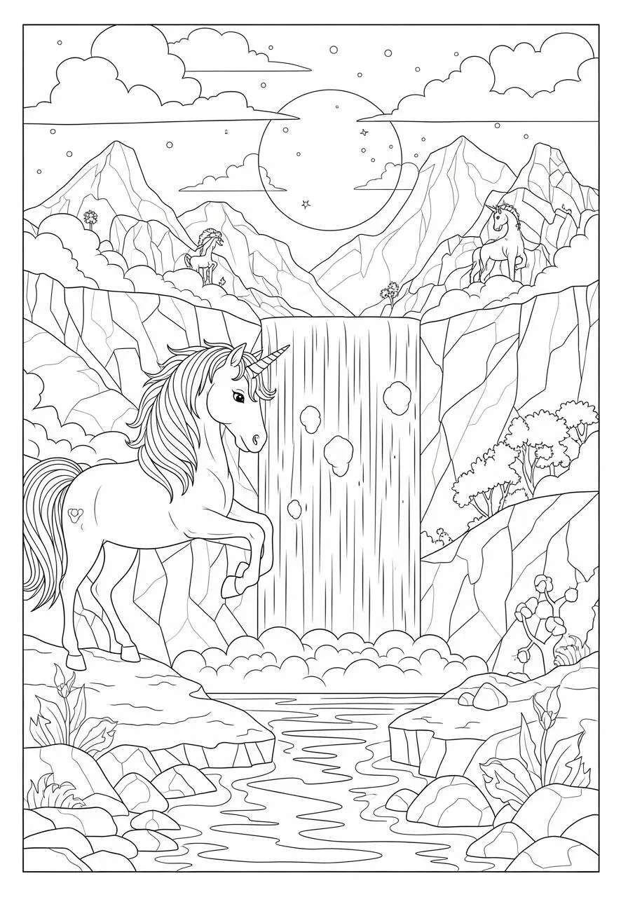 Desenho de Unicórnio em Paisagem de Montanha para Colorir
