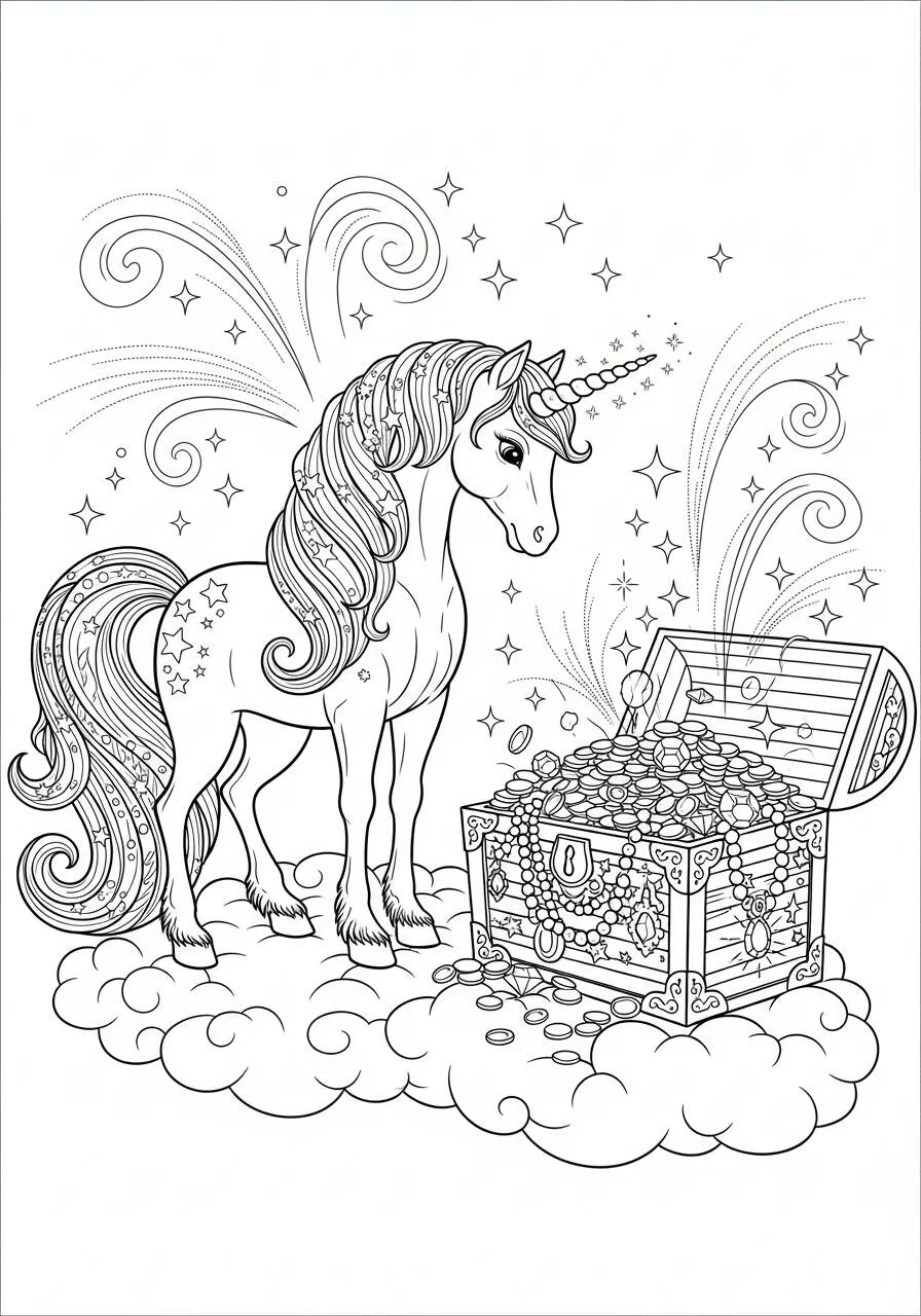 Desenho de Unicórnio com Tesouro para Colorir