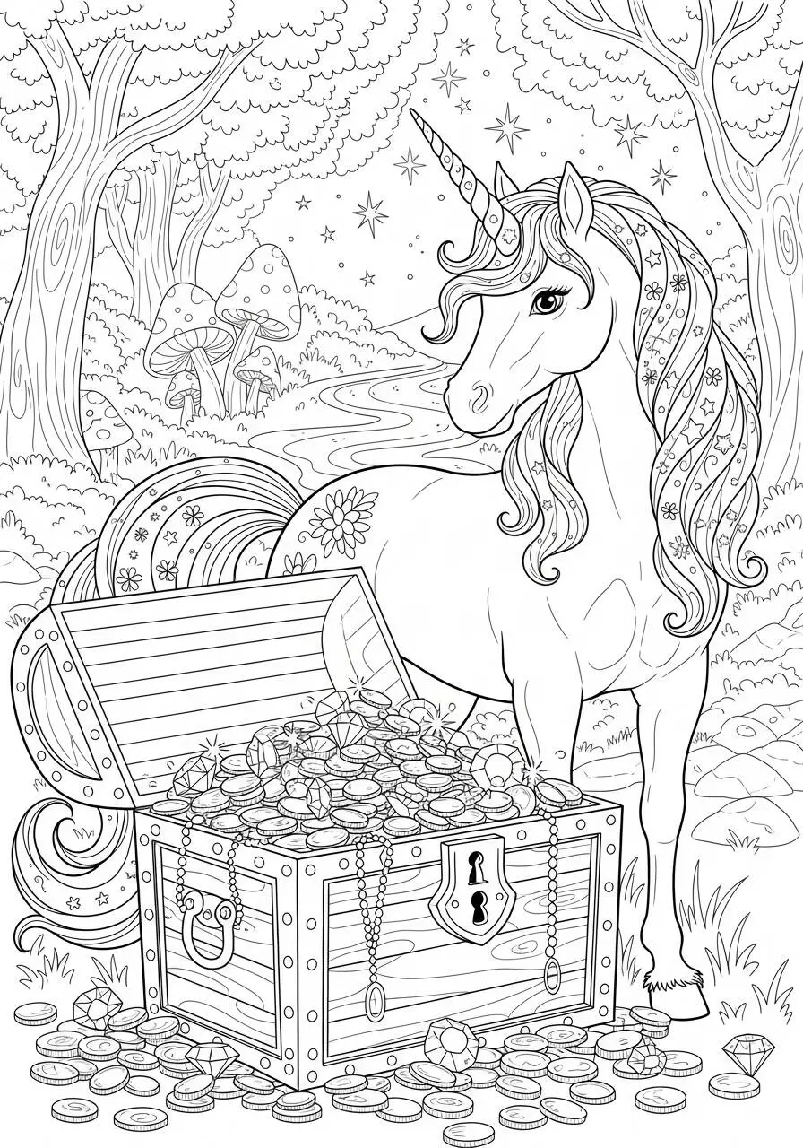 Desenho de Unicórnio com Baú de Tesouro para Colorir
