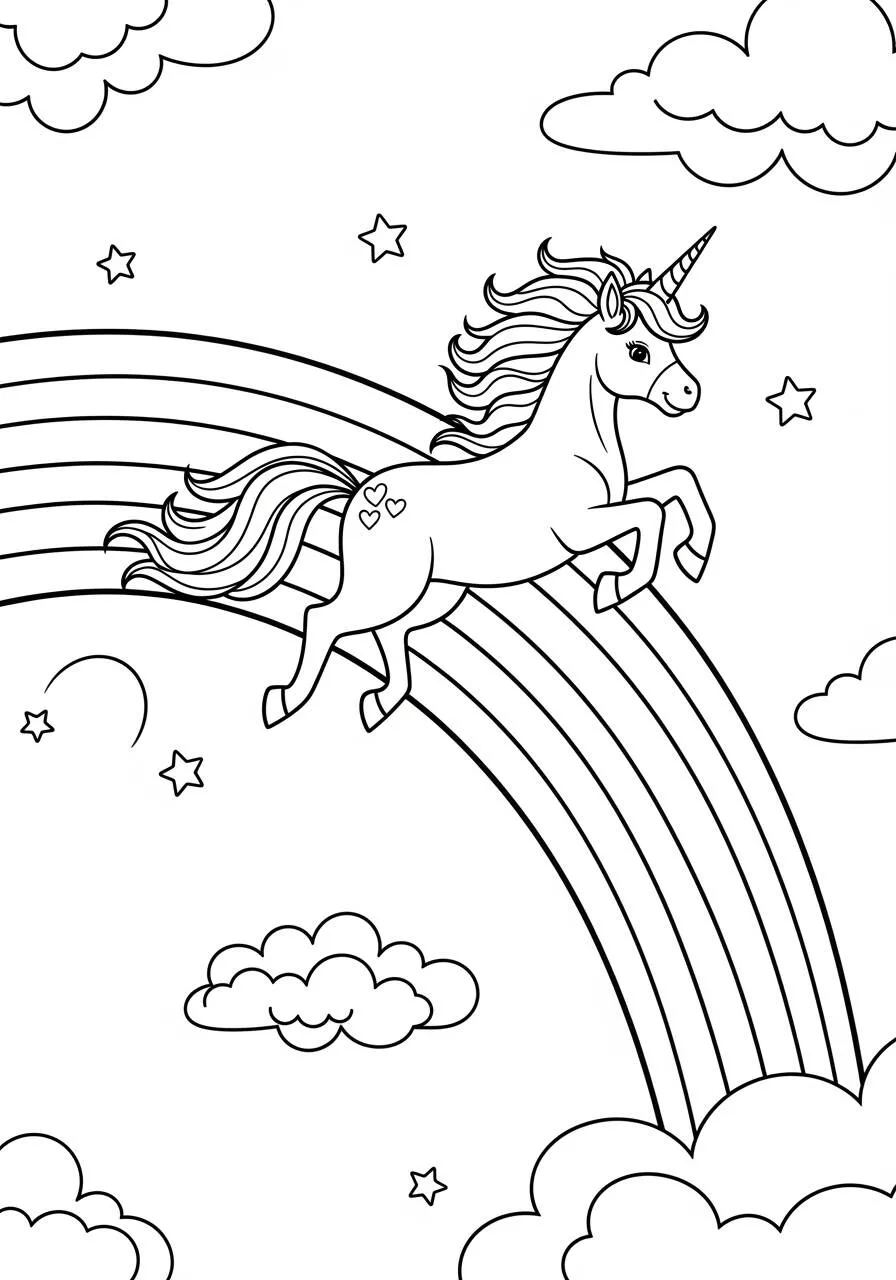 Desenho de Unicórnio Saltando sobre o Arco Íris para Colorir
