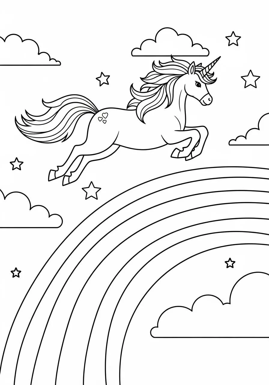 Desenho de Unicórnio Saltando sobre um Arco Íris para Colorir