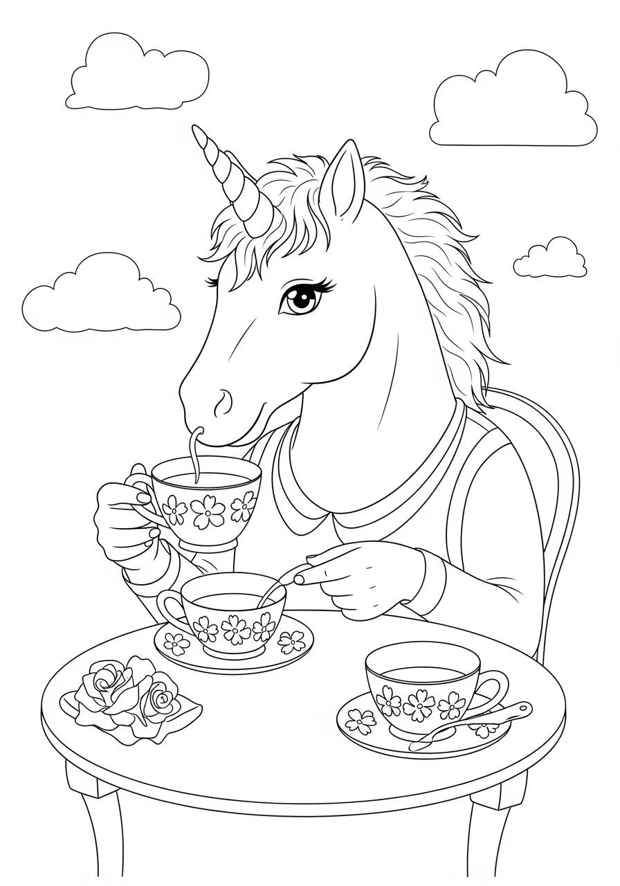 Desenho de Unicórnio Tomando Chá para Colorir