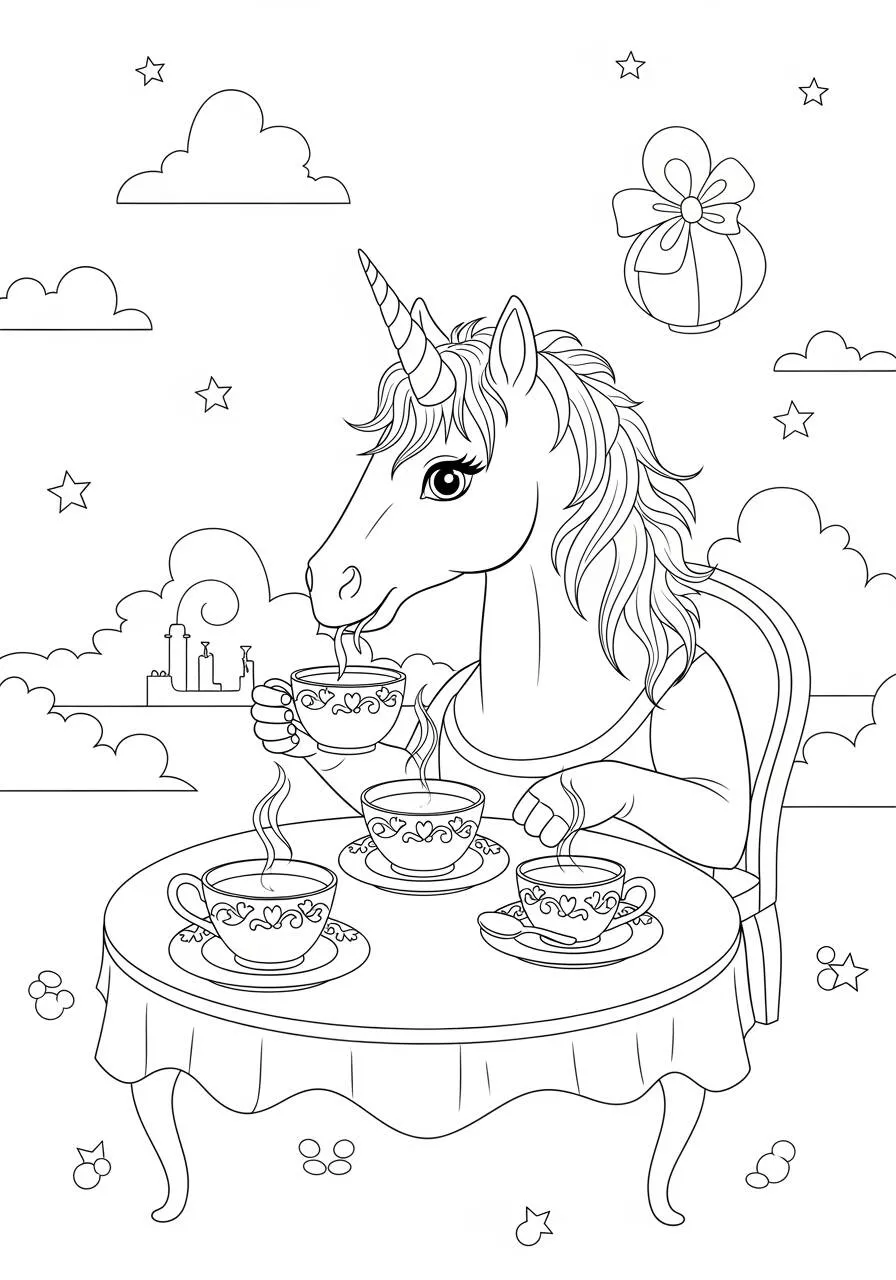 Desenho de Unicórnio Tomando Chá para Colorir
