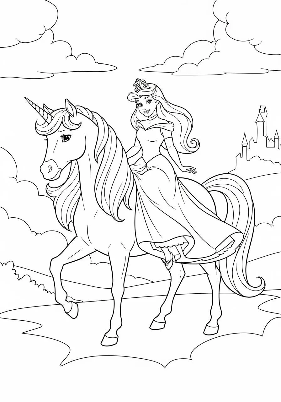 Desenho de Unicórnio com Princesa para Colorir