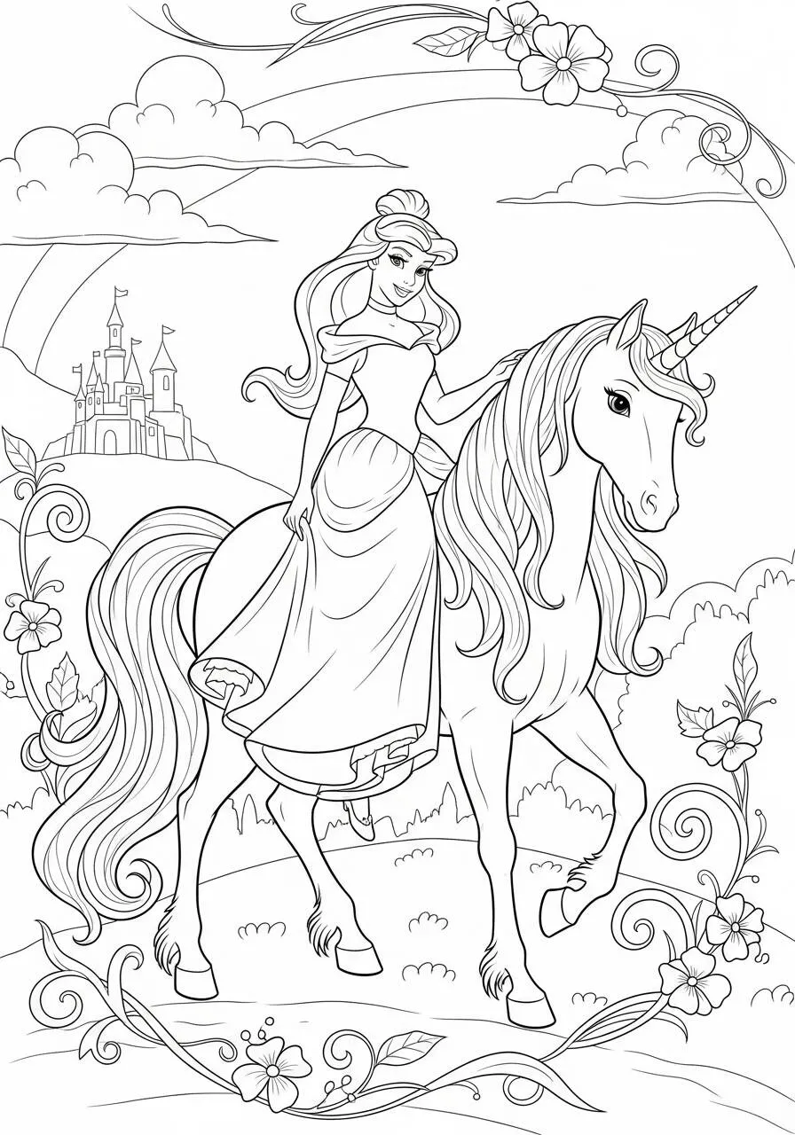Desenho de Unicórnio com Princesa para Colorir