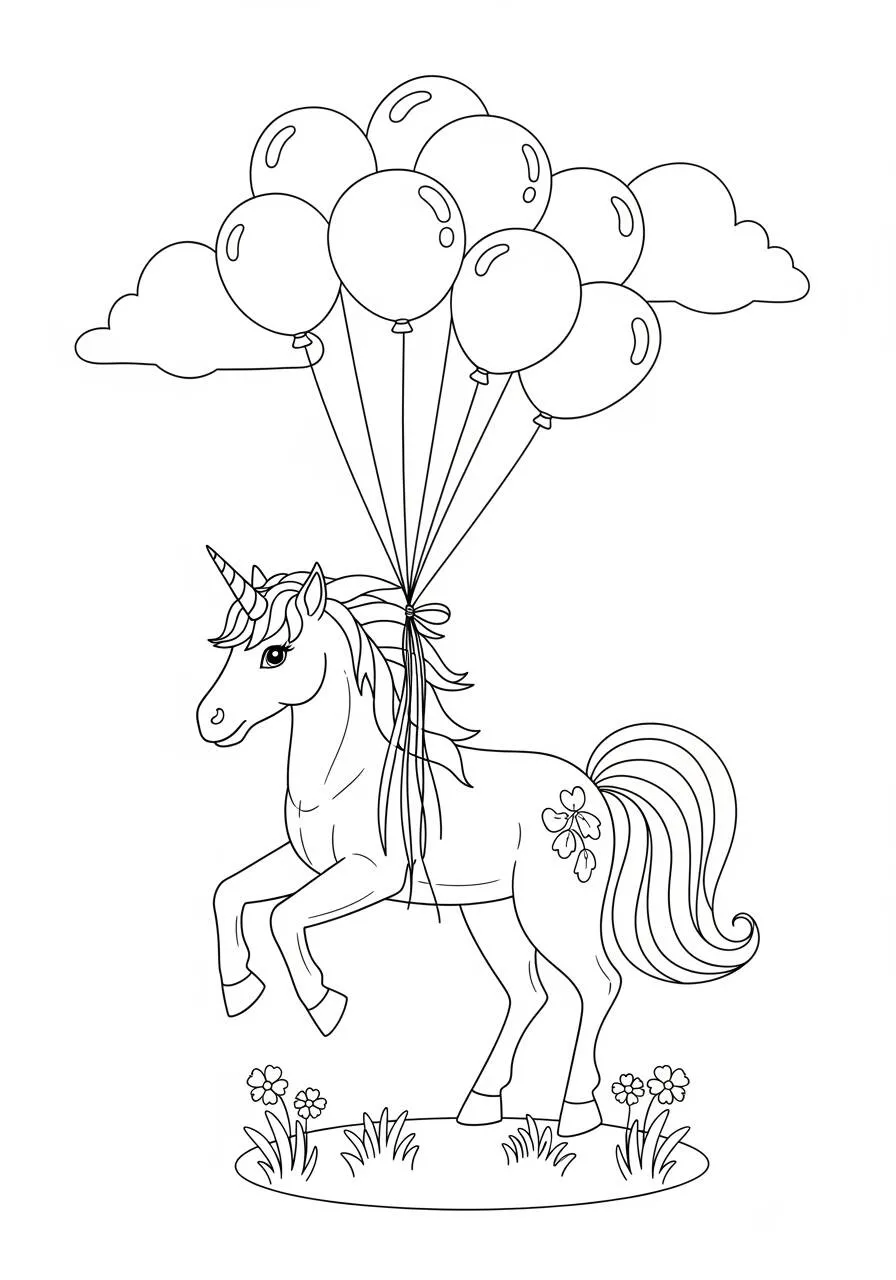Desenho de Unicórnio com Balões para Colorir