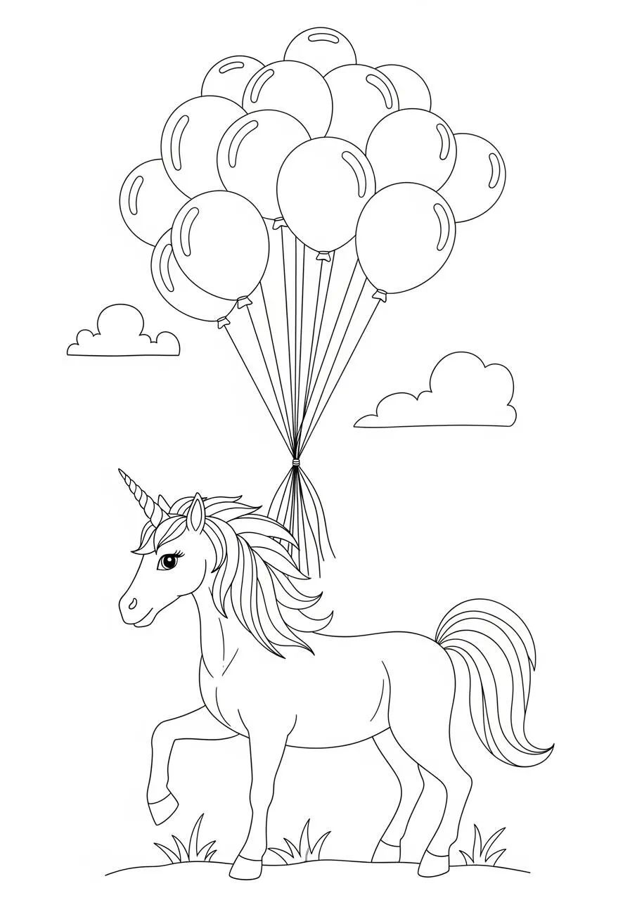 Desenho de Unicórnio com Balões para Colorir