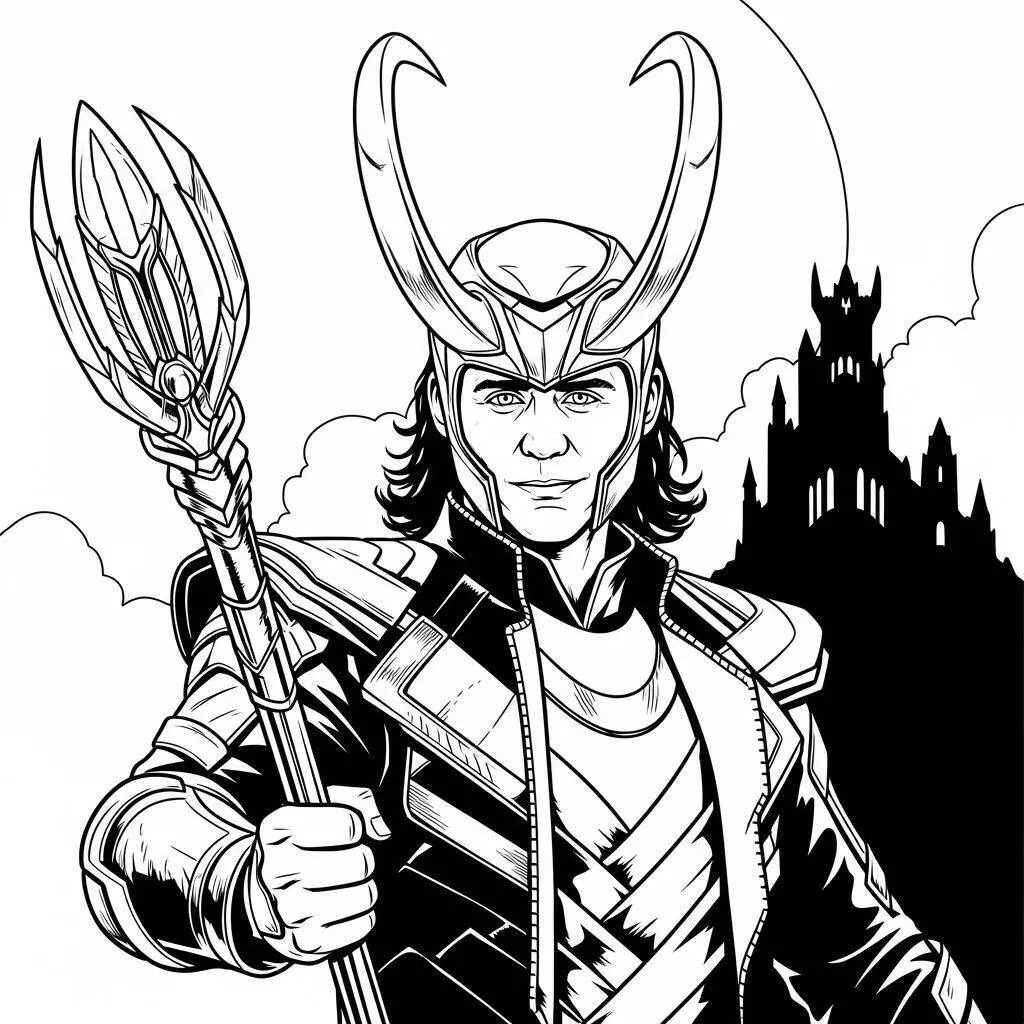 Desenho de Vingadores do Loki com o Cajado para Colorir