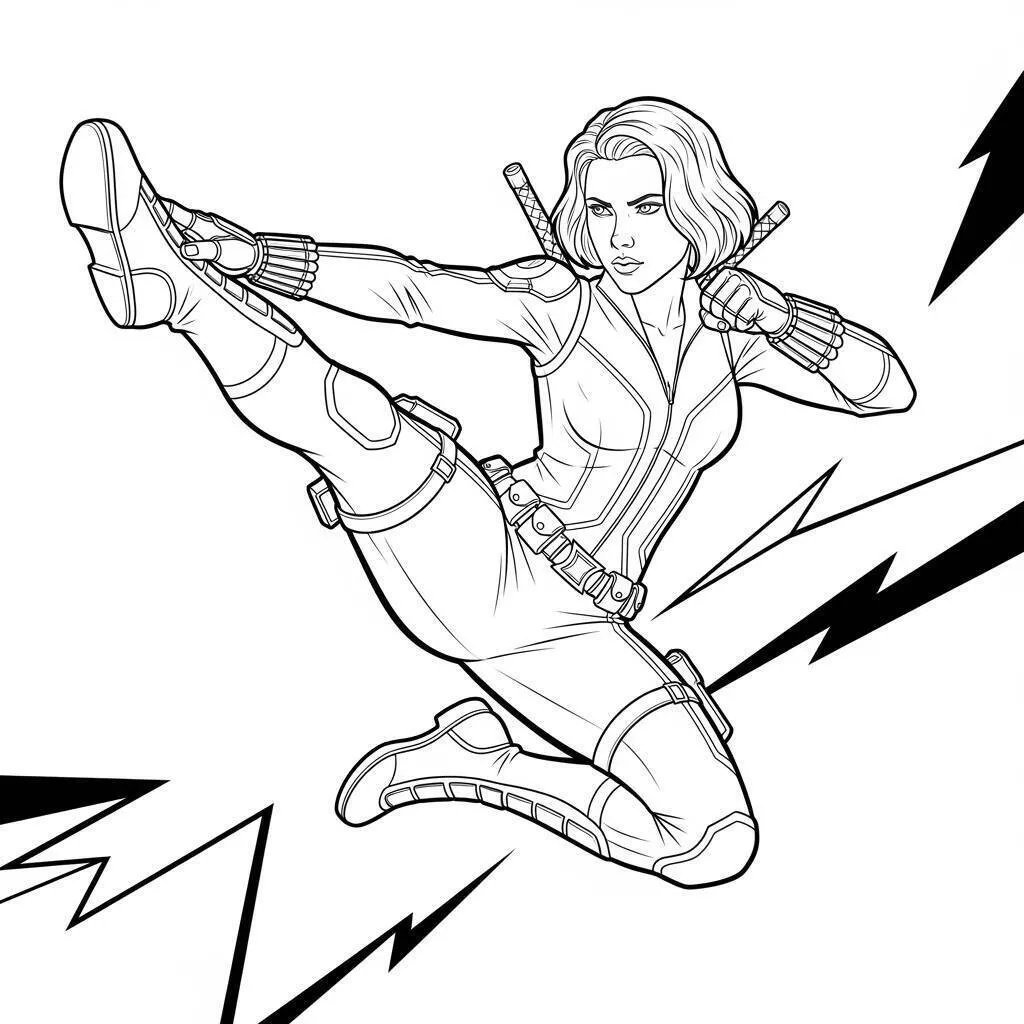 Dibujo para colorear de los Vengadores de la Viuda Negra en acción