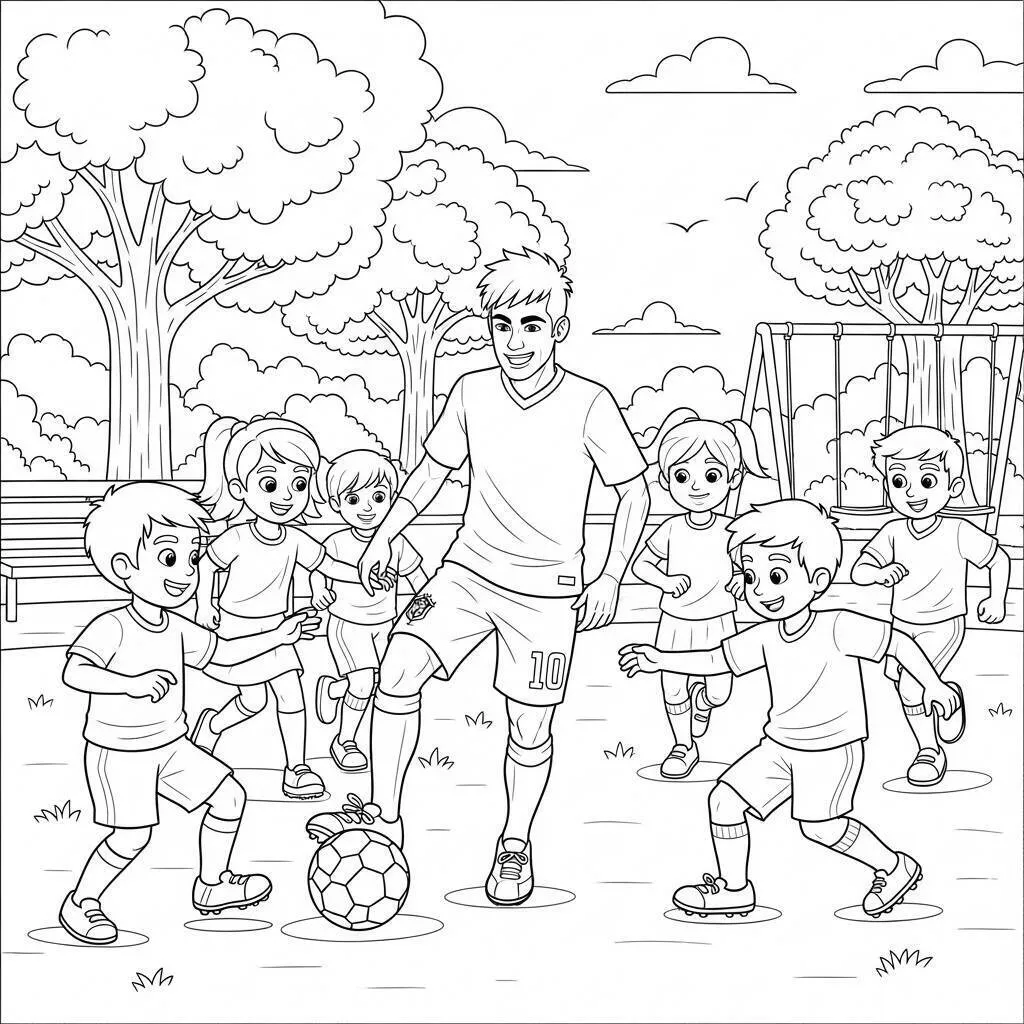 Coloriage Neymar jouant au football avec des enfants