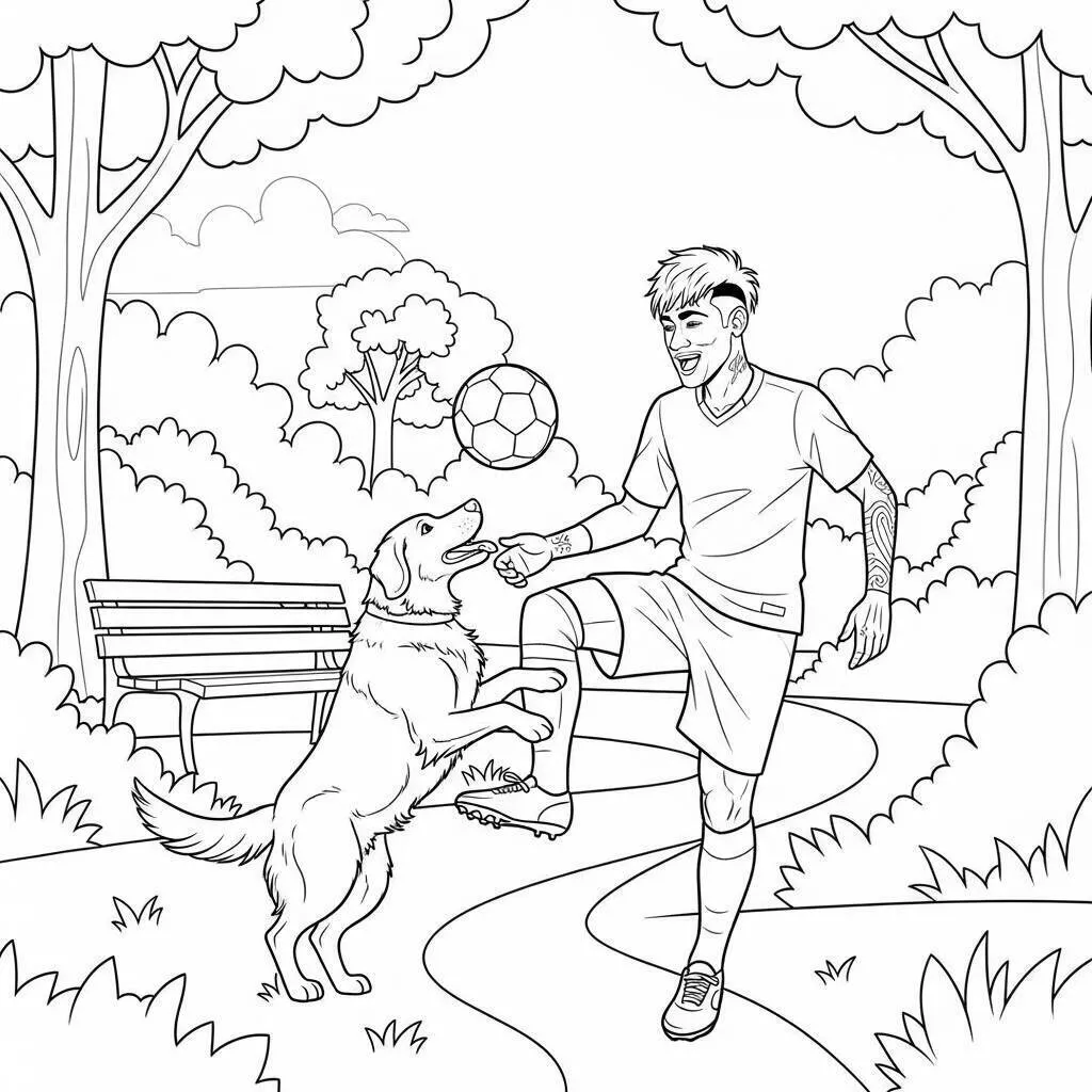 Coloriage Neymar jouant avec un chien